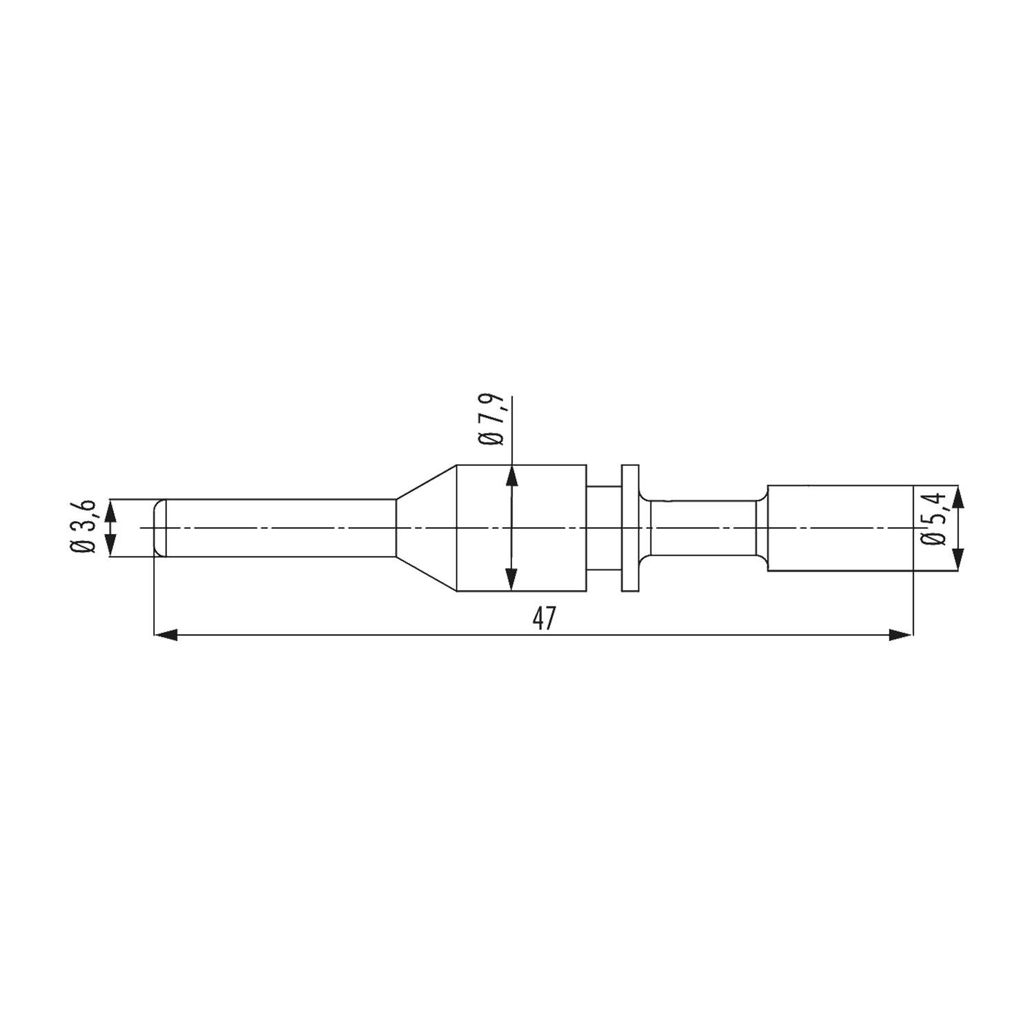 Technische Zeichnung eines zylindrischen Metallteils mit verjüngtem Mittelabschnitt. Abmessungen: 47 mm lang, 5,4 mm breit an den breiteren Enden, 3,6 mm im schmalen Bereich.