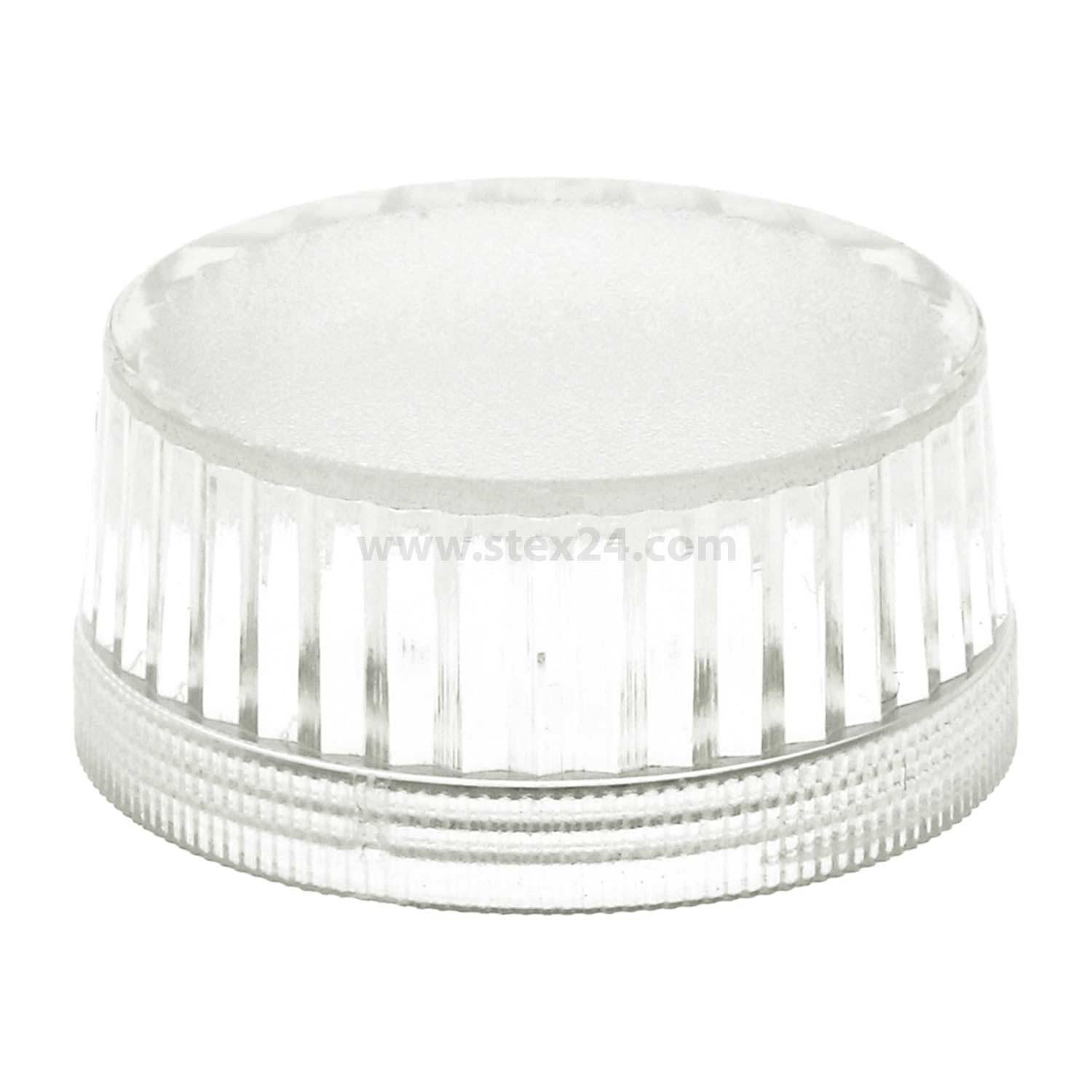 Eine transparente Kunststoffschraubkappe mit gerippten Seiten und einer glatten, flachen Oberfläche, die zum Verschließen von Behältern entwickelt wurde.