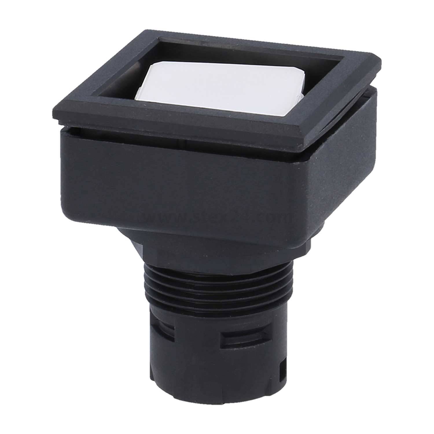 Schwarzer Drucktaster mit einem quadratischen weißen Knopf, der in elektronischen Geräten zur Benutzerinteraktion verwendet wird.