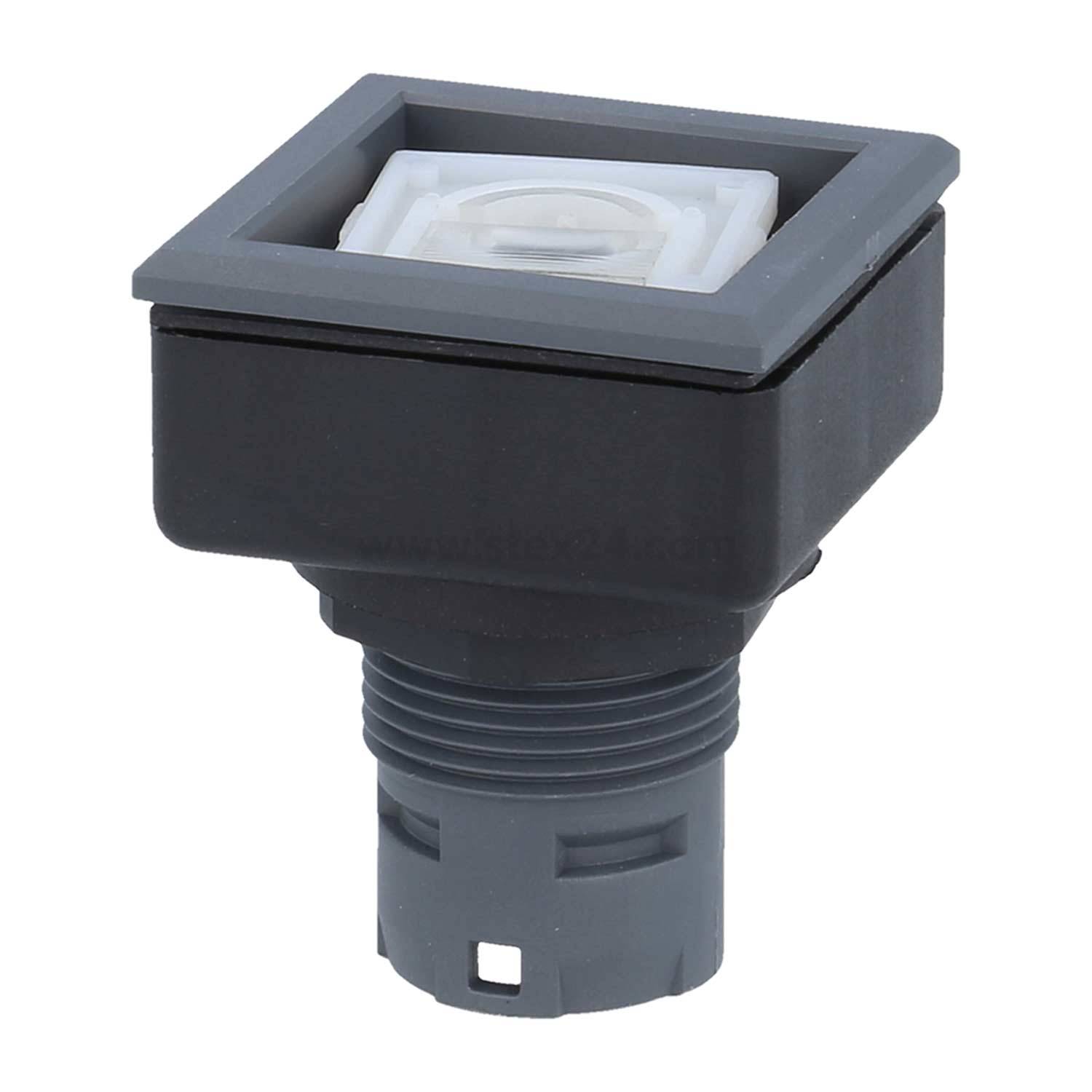 Ein quadratischer schwarzer und grauer Elektrokomponent mit einem sichtbaren zentralen Knopf und einer Basisanschluss.