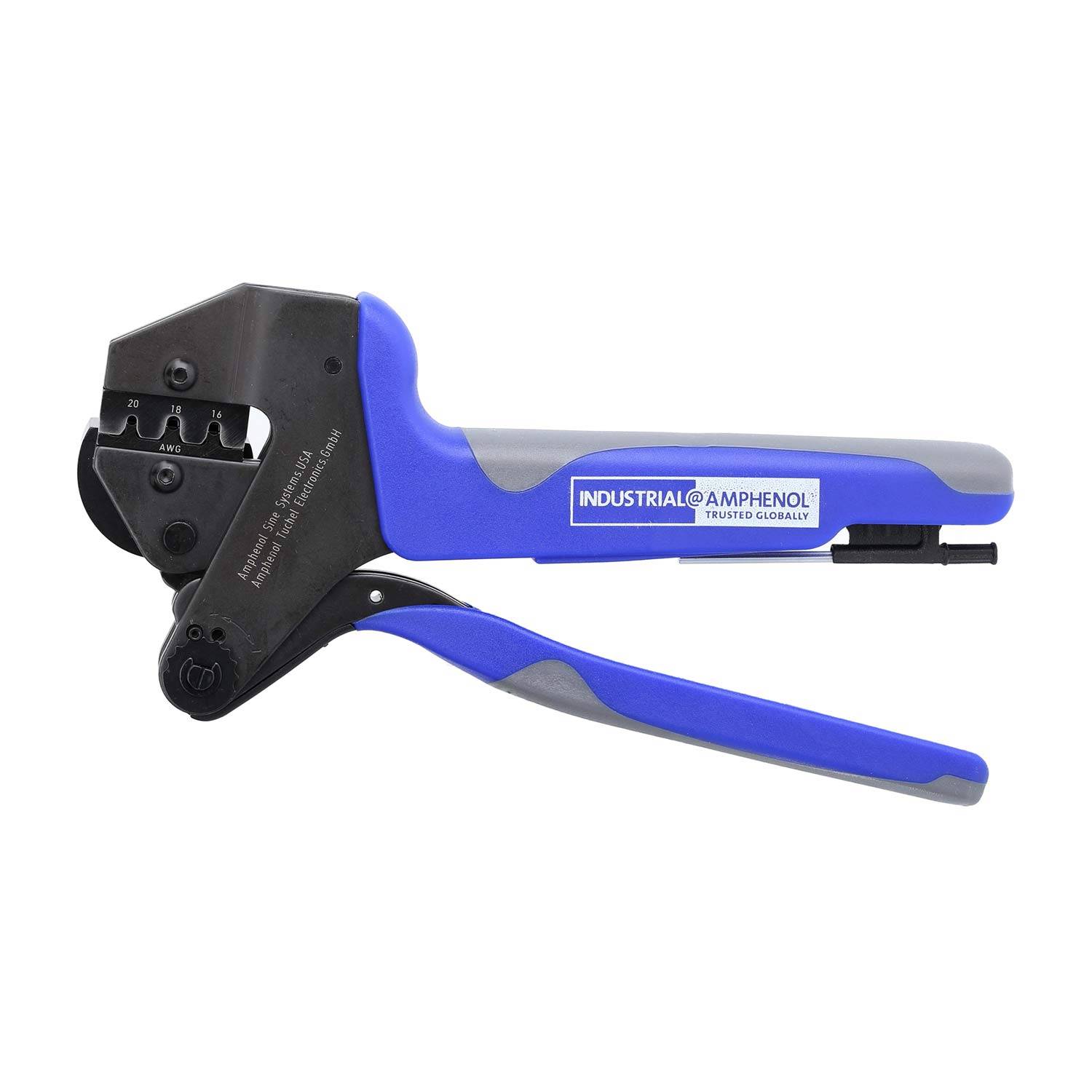 Industrielles Crimping-Werkzeug von AMPHENOL mit blau-schwarzem Griff, entwickelt zum Sichern von elektrischen Verbindern, in Seitenansicht dargestellt.