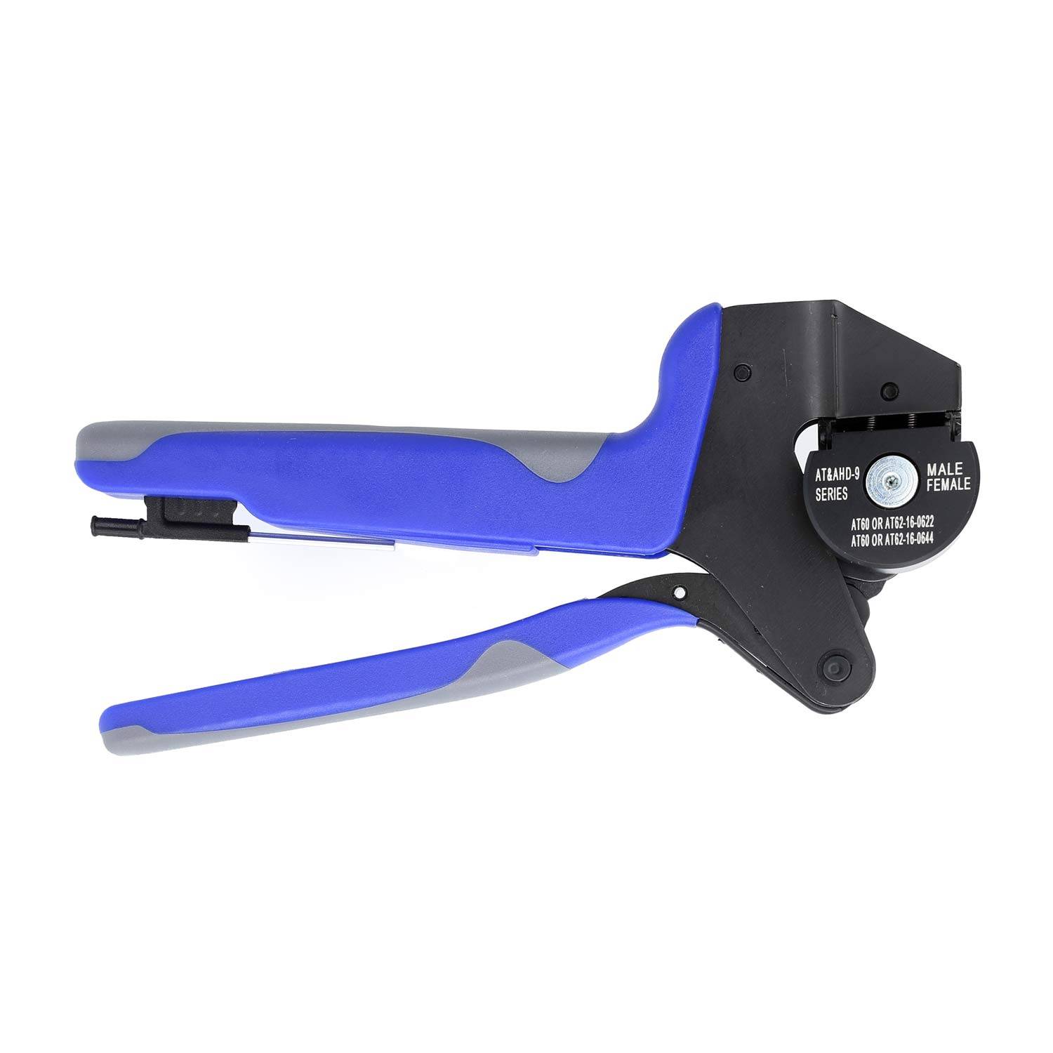 Blaue und graue Handkrimmelzange zum Anbringen von weiblichen und männlichen Adaptern.