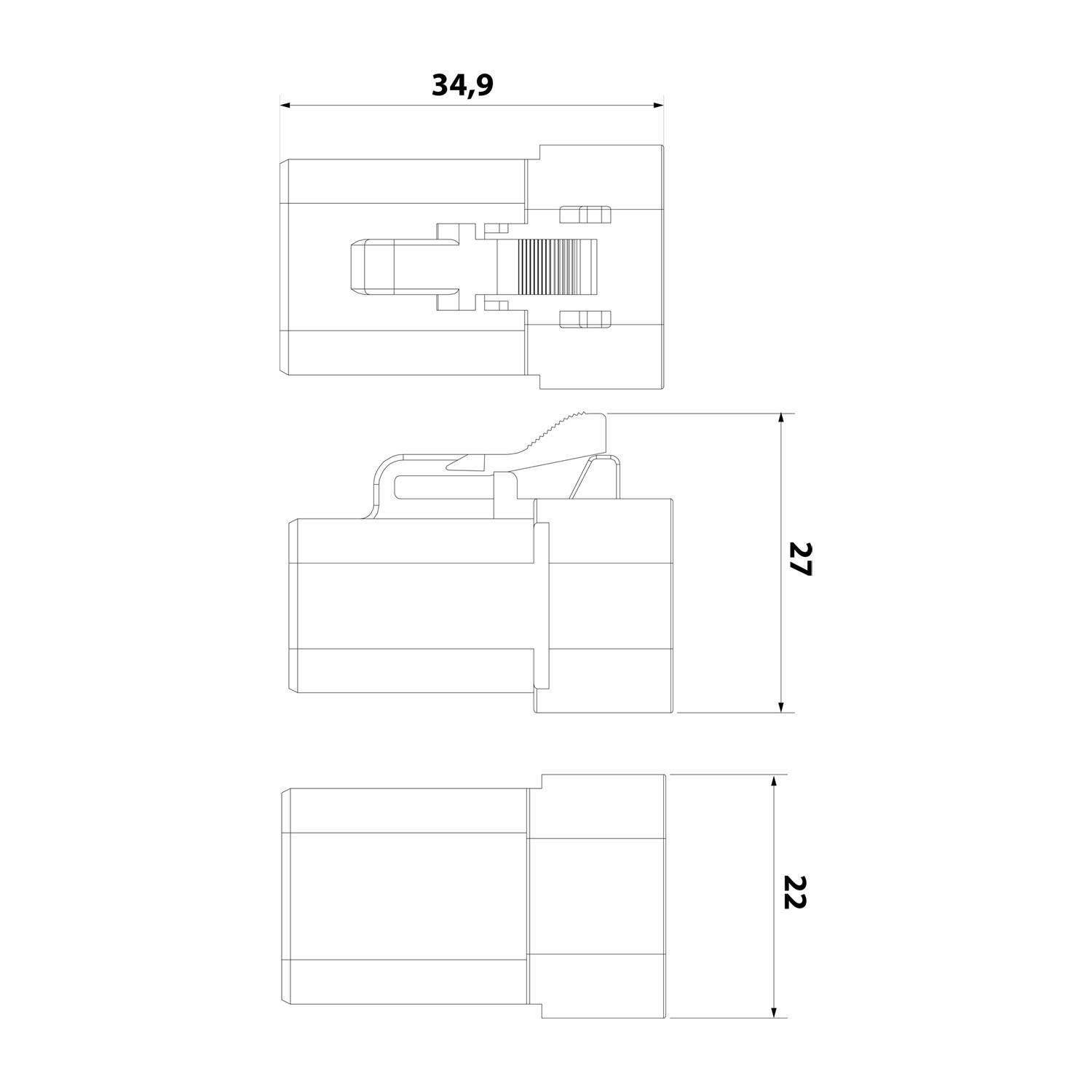 Technische Zeichnung einer mechanischen Komponente mit drei Ansichten. Dimensionen gekennzeichnet: 34,9 breit, 27 hoch und 22 tief, die strukturelle Details zeigen.