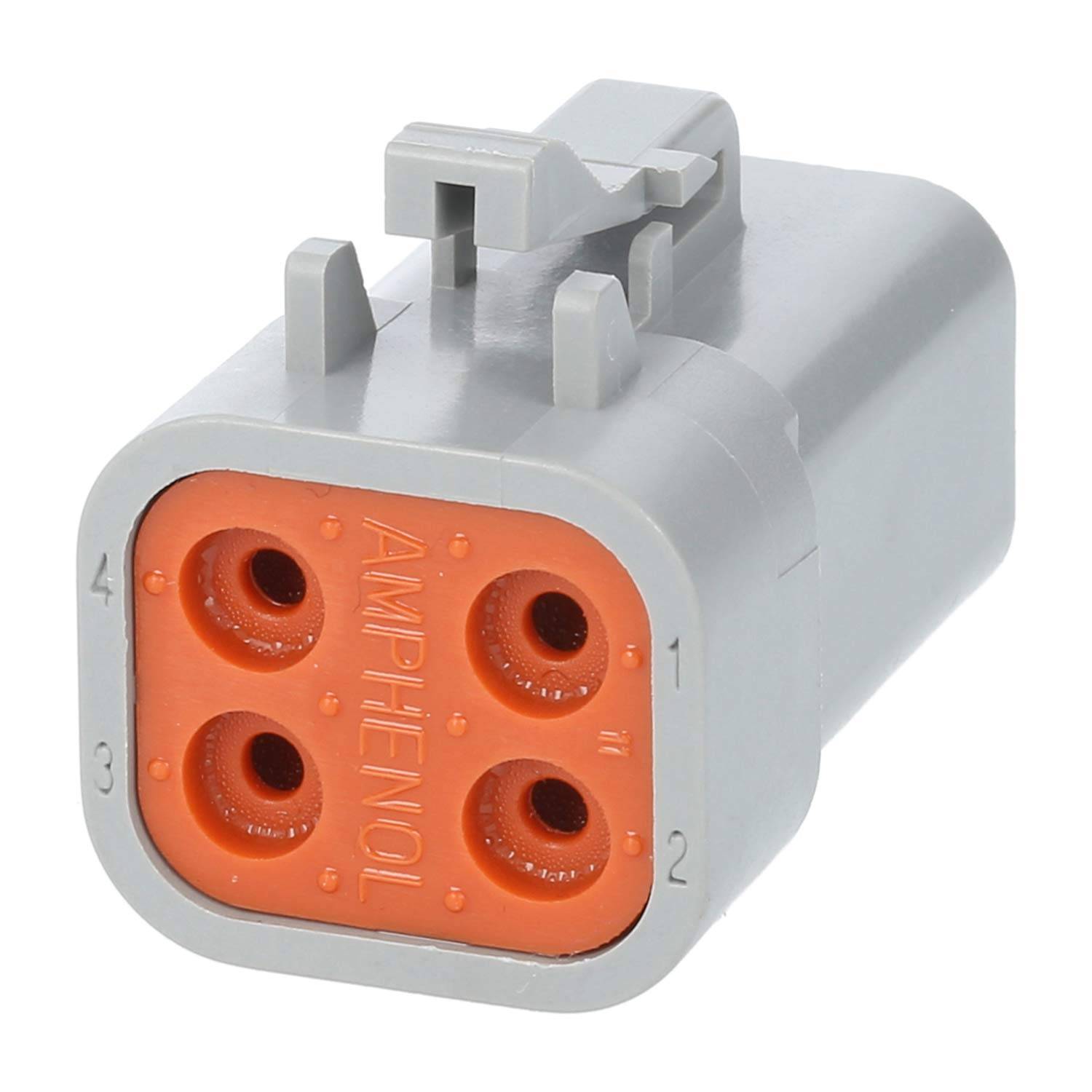 Ein vierpoliger grauer elektrischer Steckverbinder mit einem orangefarbenen Frontblech mit der Beschriftung 