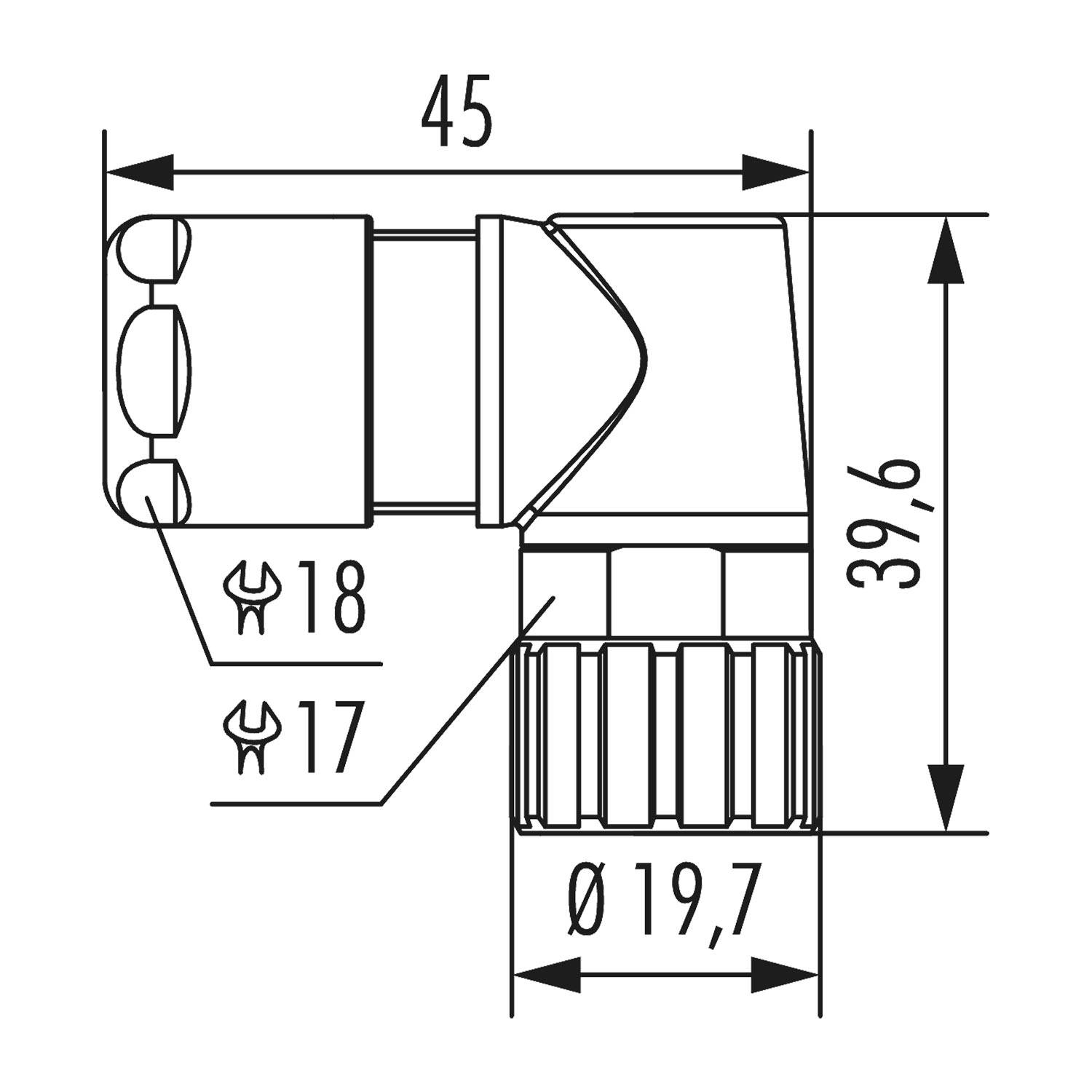 Technische Zeichnung eines Anschlusses, Abmessungen: 45 mm Länge, 39,6 mm Höhe, 19,7 mm Durchmesser. Schlüsselweiten 18 mm und 17 mm angegeben.