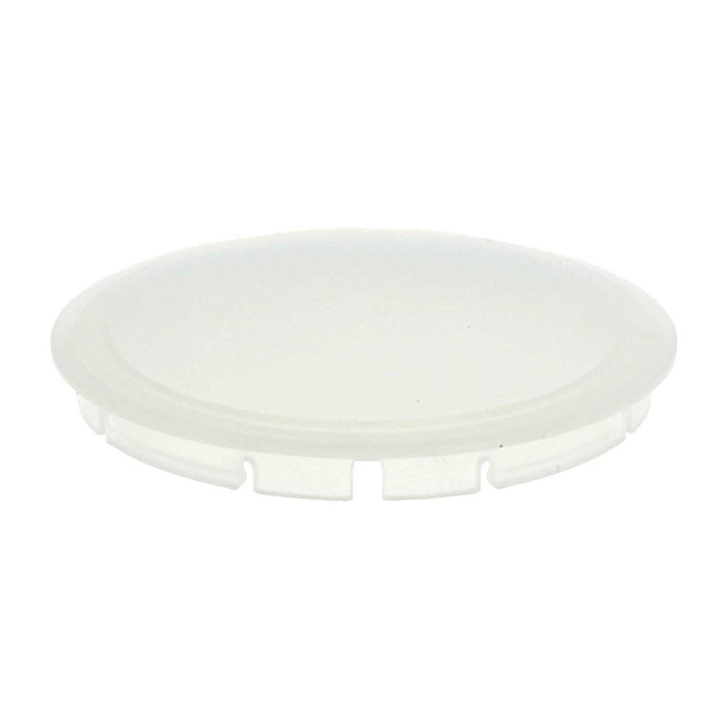 Ein weißer, runder Plastikdeckel mit leicht erhöhtem Rand und kleinen Einkerbungen am Rand, der zum Verschließen von Behältern verwendet wird.