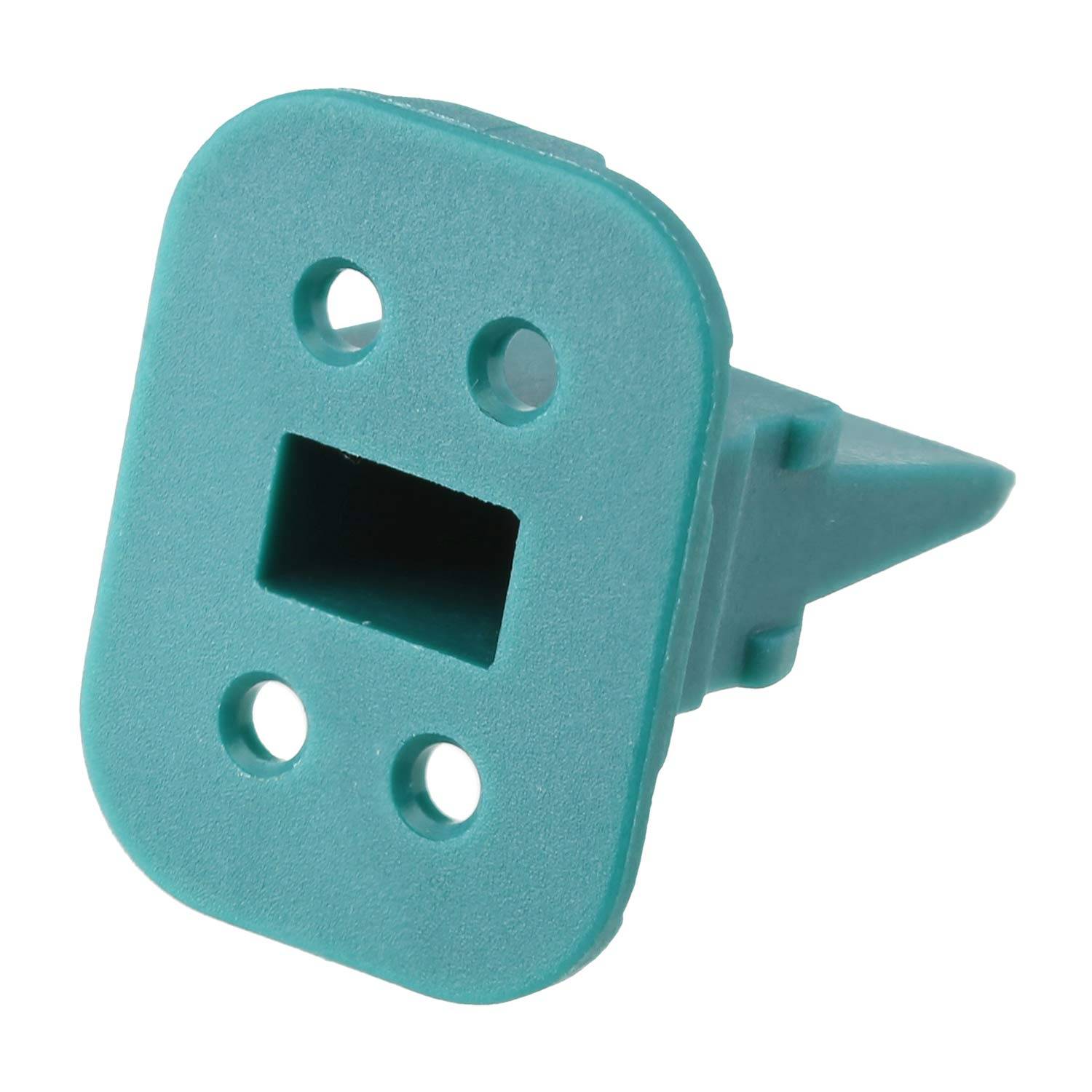 Ein türkisfarbener Plastikverbinder mit drei runden Löchern und einem rechteckigen Loch, der für die Montage oder Befestigung in einem mechanischen System entwickelt wurde.