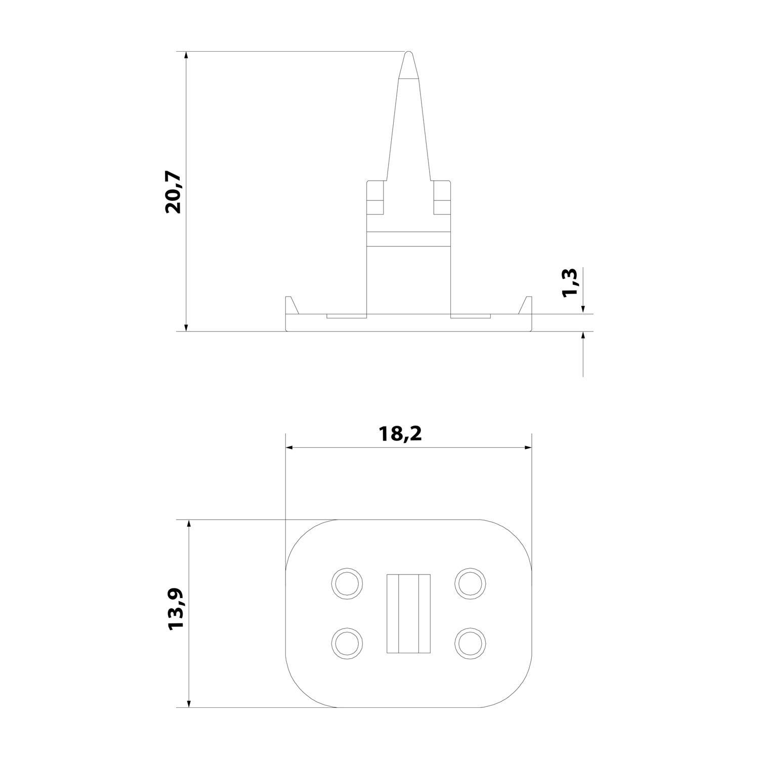 Technische Zeichnung zur Darstellung der Abmessungen eines Dual-View-Anschlusses. Seitenansicht: Höhe 20,7 mm, Basisdicke 1,3 mm. Draufsicht: Breite 18,2 mm, Höhe 13,9 mm.
