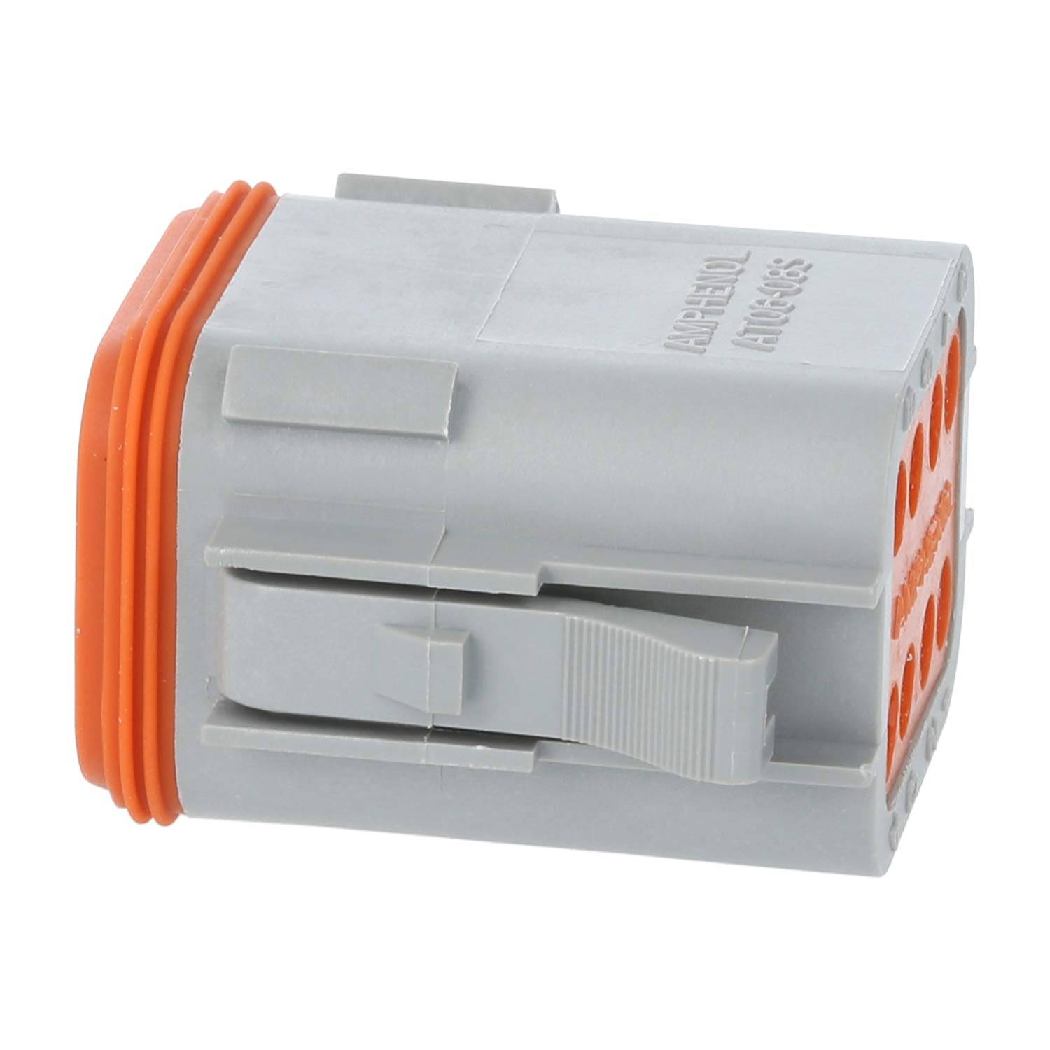 Ein grauer siebpoliger elektrischer Steckverbinder mit orangefarbenen Dichtungen, konzipiert für sichere Verbindungen in automobilen oder industriellen Anwendungen.
