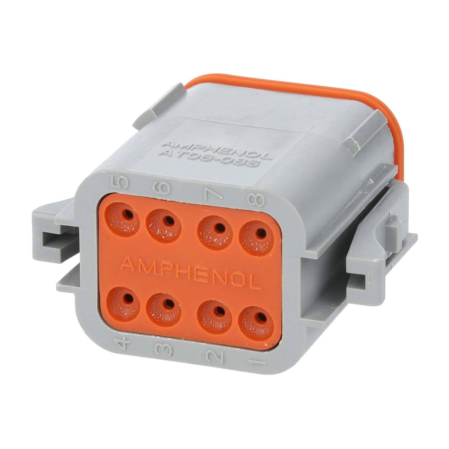 Amphecon-Verbinder mit sechs orangefarbenen Stiften und einem grauen rechteckigen Gehäuse.