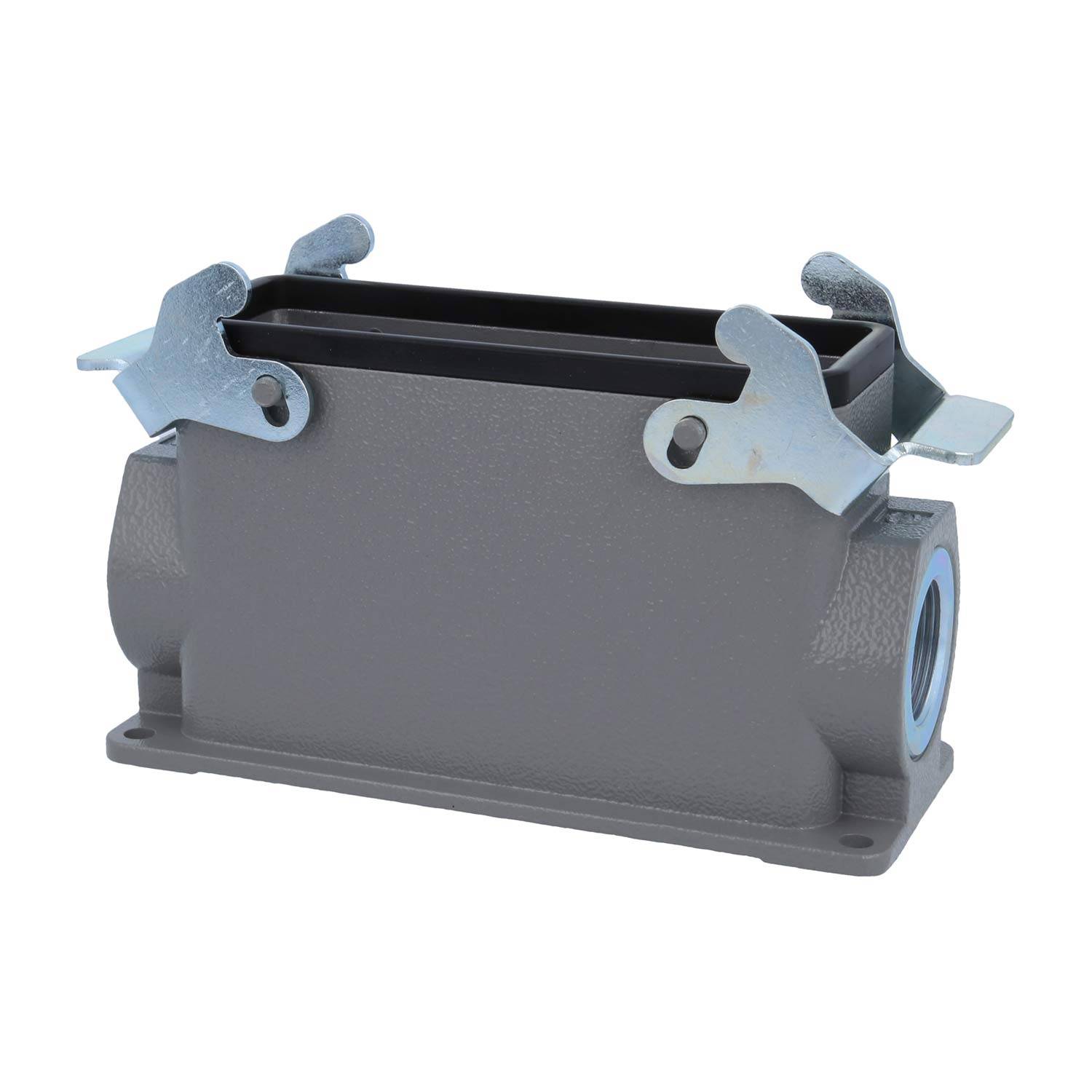 Industrielle Druckguss-Metallhaube mit Verschlusshebeln und seitlicher Öffnung, üblicherweise verwendet für elektrische Anschlüsse oder Kabelkonfektionen.