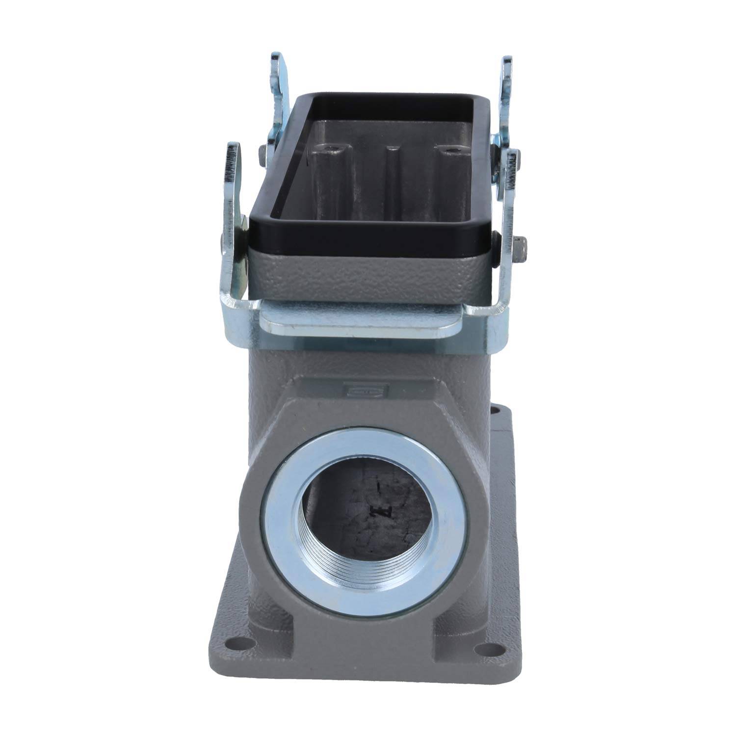 Ein rechteckiges industrielles Anschlussgehäuse mit einer kreisförmigen Öffnung an der Vorderseite, montiert auf einer rechteckigen Basis mit Metallklammern.