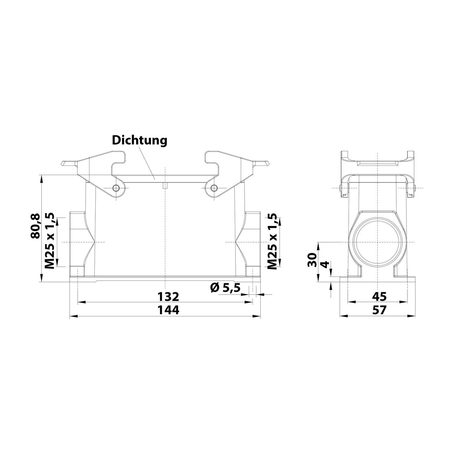 04300240271 HARTING Han 24B Sockelgehäuse hoch, 2xM25 seitlicher Kabelabgang, mit 2 Querbügeln Verschraubung M25
