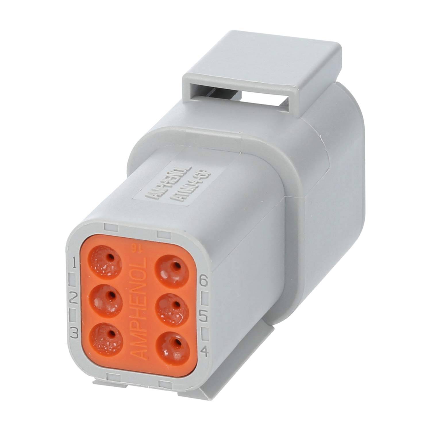 Ein grauer Amphenol-Elektrostecker mit einer orangefarbenen kreisförmigen Frontseite, die fünf Buchsenlöcher aufweist und für Schaltungsverbindungen verwendet wird.