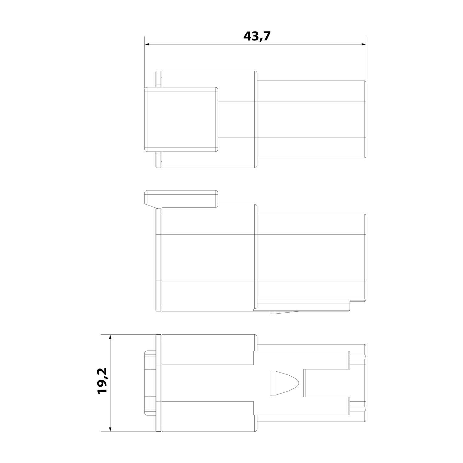 Technische Zeichnung eines Anschlusses mit drei verschiedenen Ansichten und Maßen: Draufsicht Länge 43,7, Seitenansicht Höhe 19,2.
