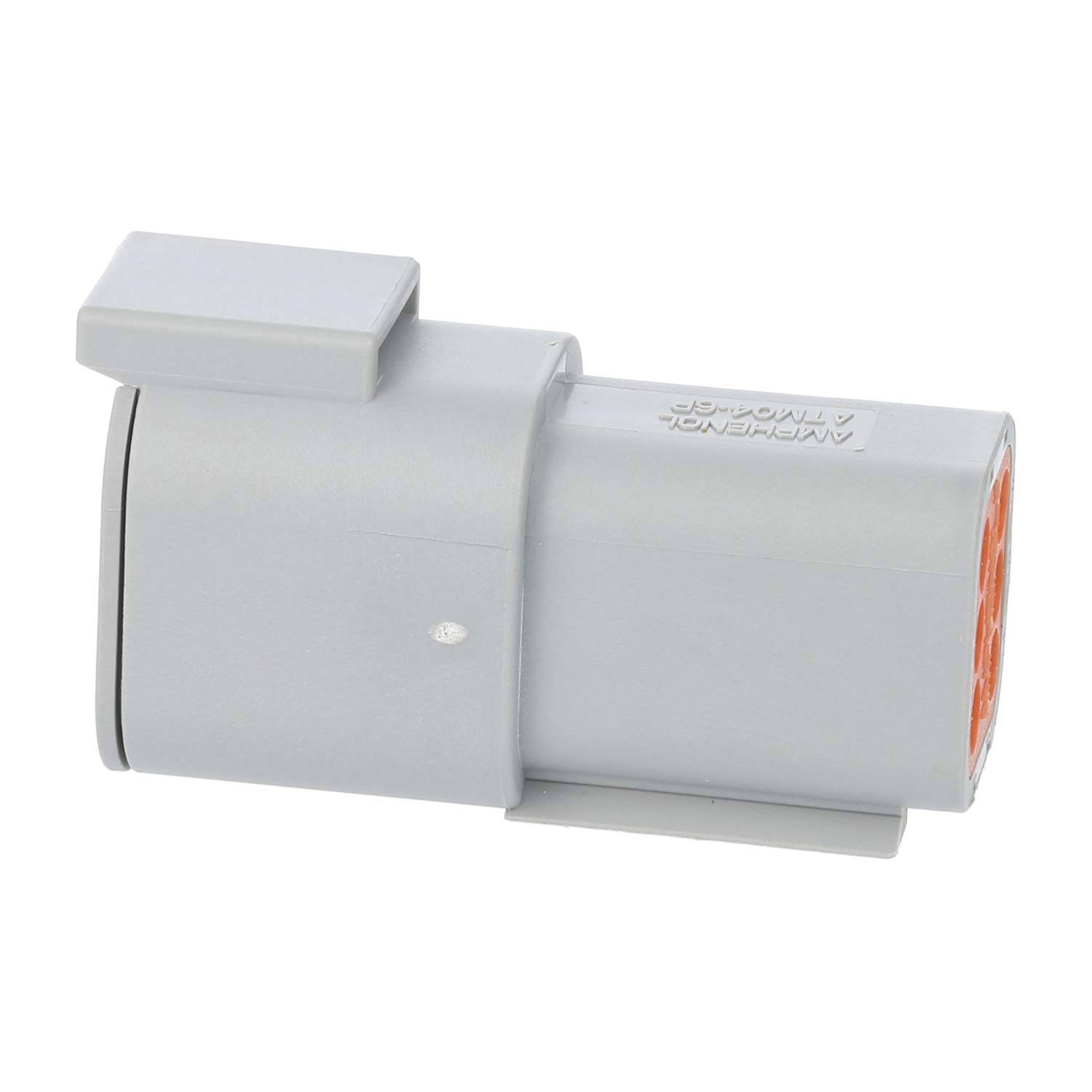 Ampenol AT Series' grauer Steckverbinder mit orangefarbener Innenausstattung, verwendet für sichere elektrische Verbindungen in verschiedenen Umgebungen.