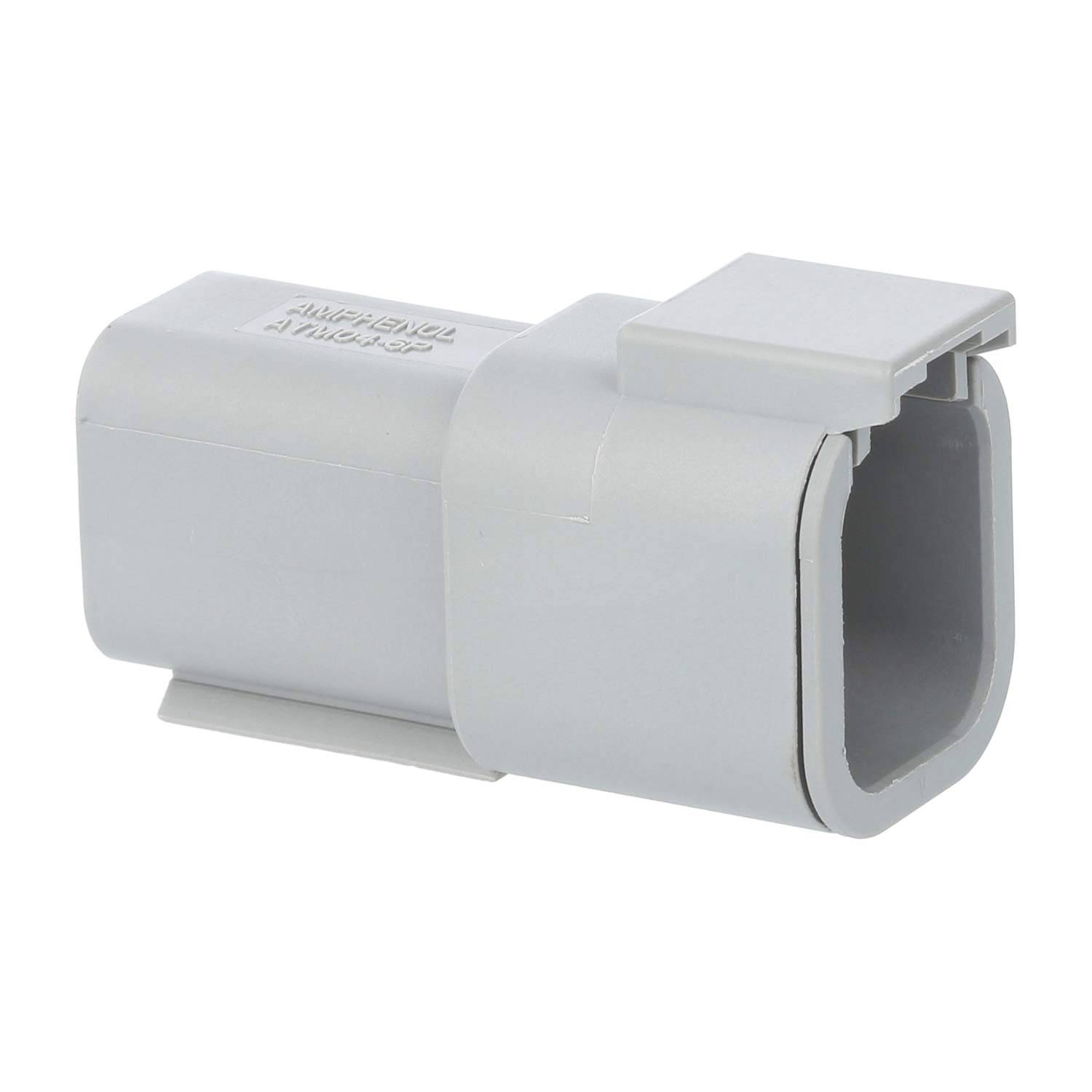 Ein grauer elektrischer Verbinder mit rechteckiger Form und einer Verriegelung an einer Seite für eine sichere Befestigung.