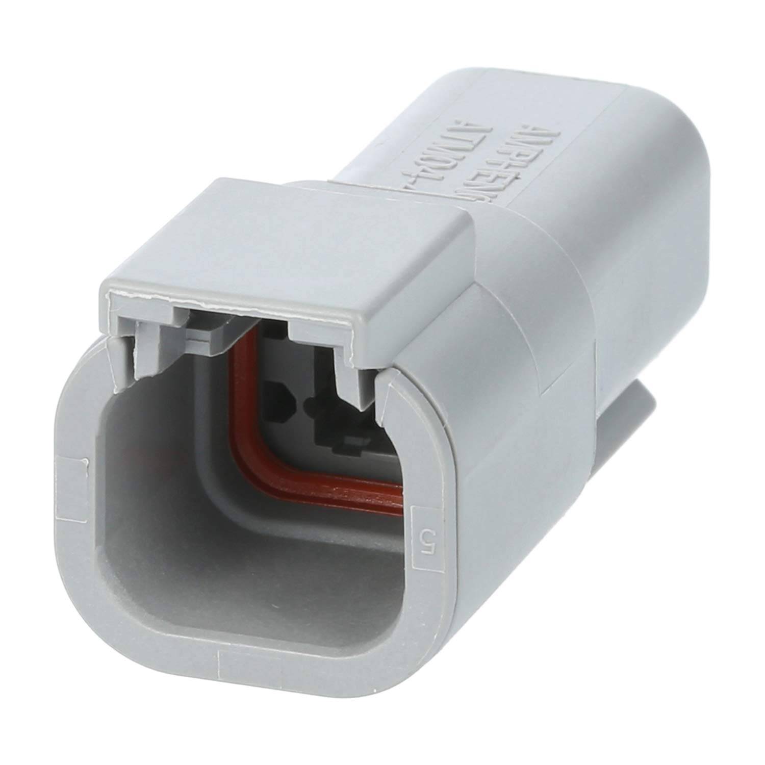 Ein grauer, rechteckiger Automotive-Elektroanschluss mit einer roten Innendichtung, entwickelt für sichere Kabelverbindungen.