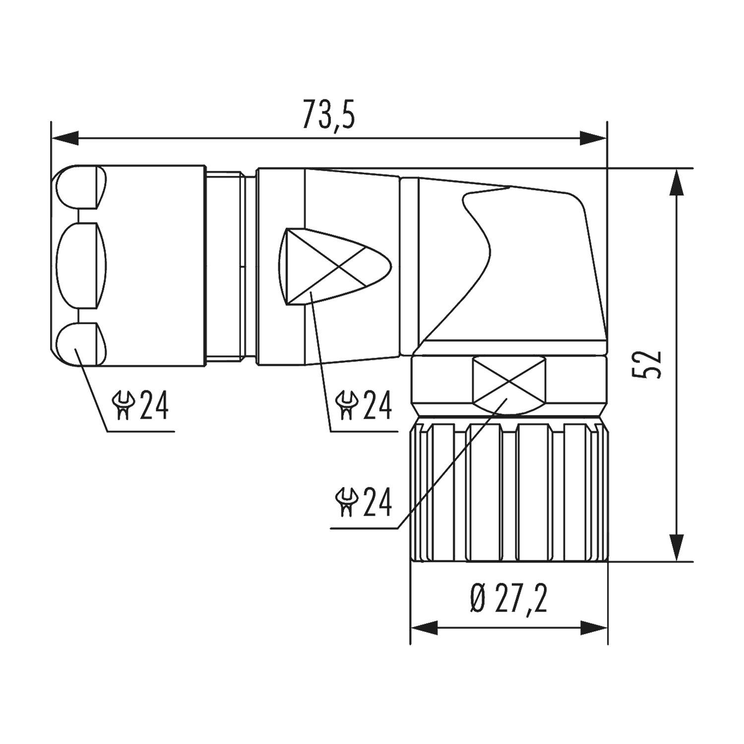 Technische Zeichnung eines mechanischen Ellbogenverbinders mit Maßangaben: Länge 73,5 mm, Breite 24 mm, Höhe 52 mm, Durchmesser 27,2 mm.