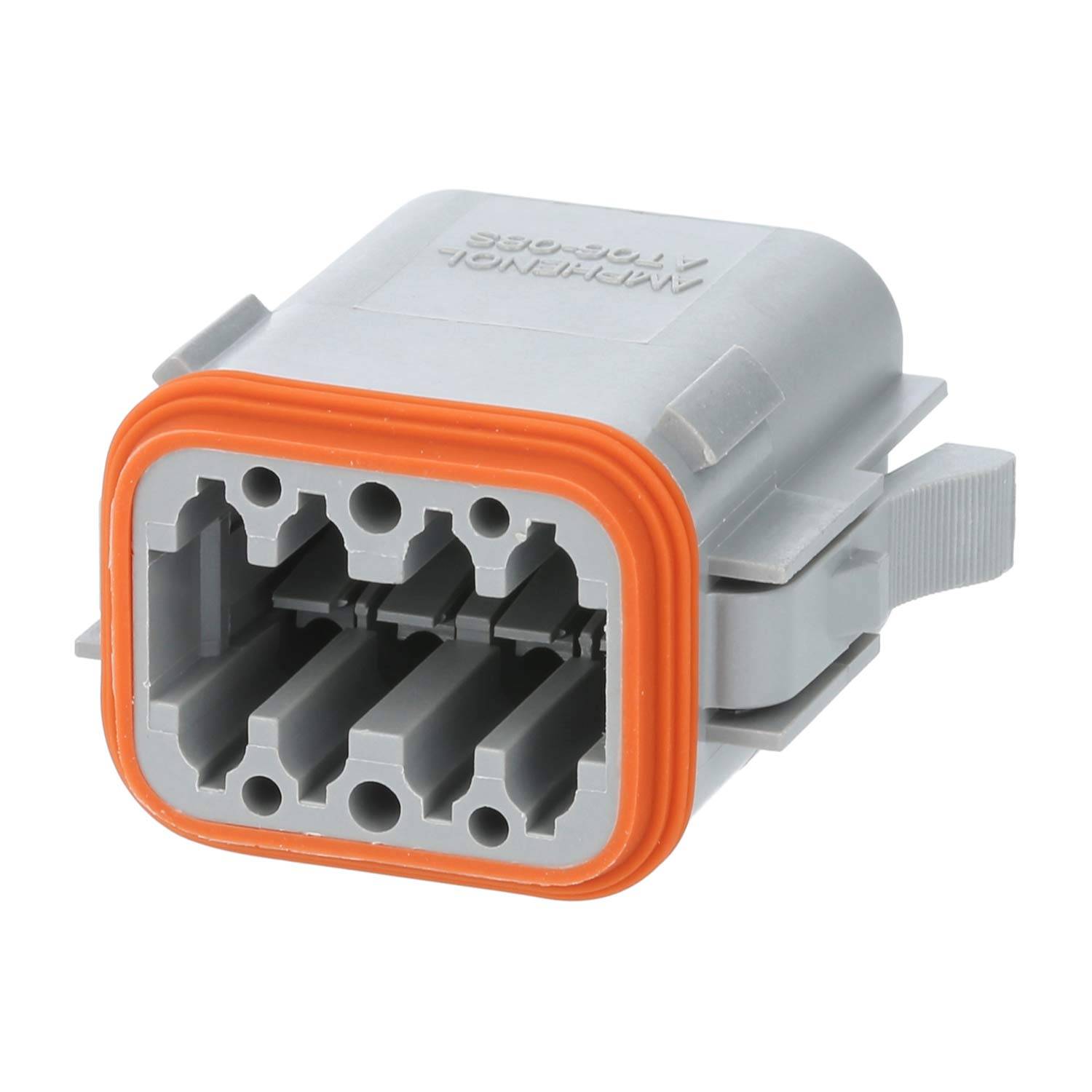 Ein sechspoliger rechteckiger elektrischer Steckverbinder mit orangefarbener Dichtung und grauem Gehäuse, der für sichere Leitungsverbindungen verwendet wird.