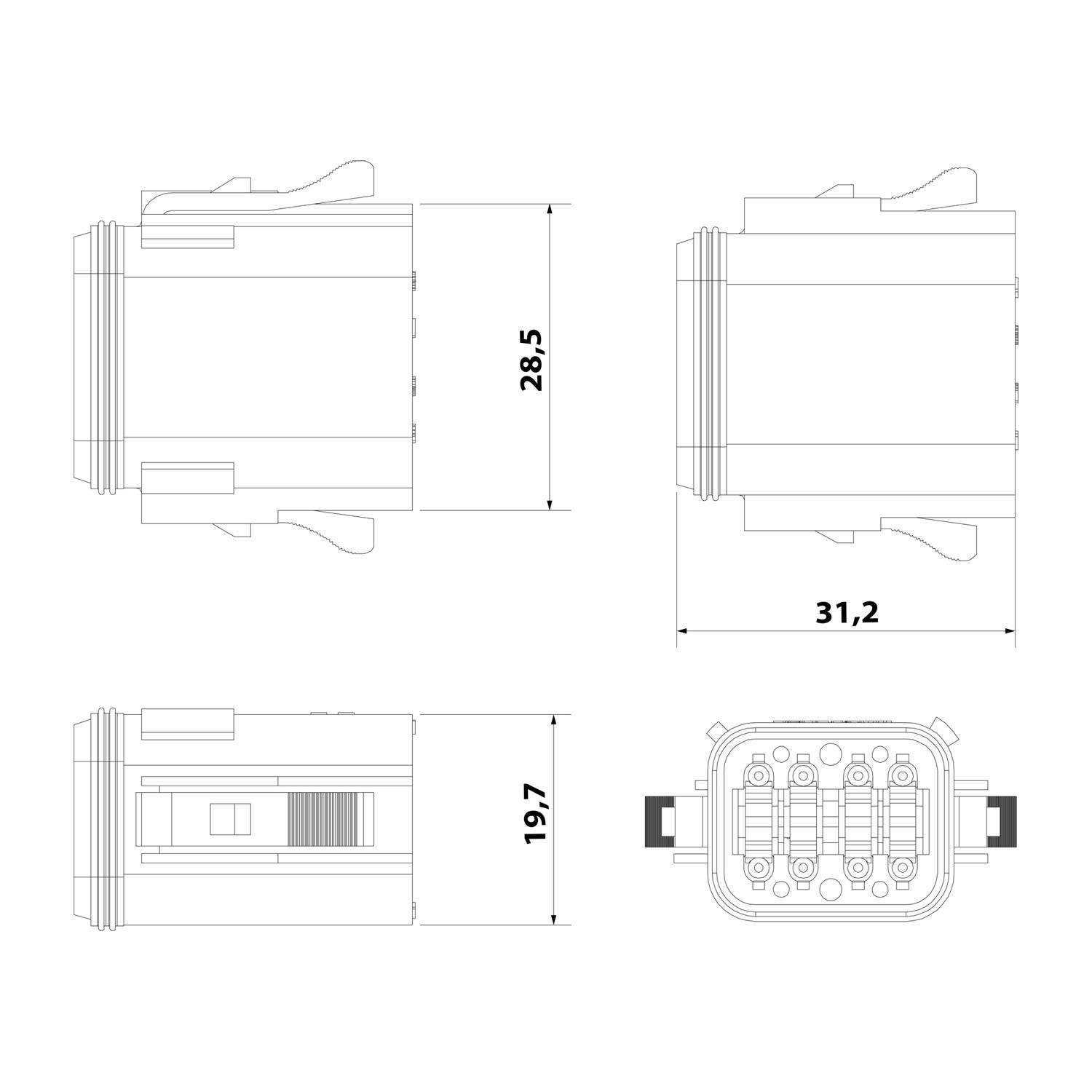 Technische Zeichnung eines Verbindungsstücks mit Seiten- und Draufsicht und Maßangaben: Höhe 28,5 mm, Breite 31,2 mm, Tiefe 19,7 mm.