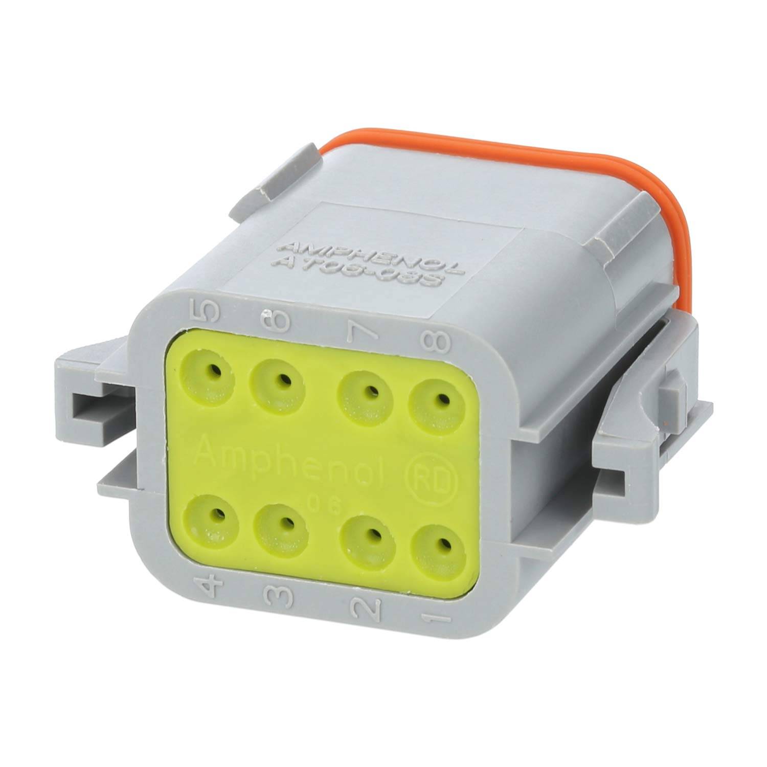 Grauer 6-poliger elektrischer Steckverbinder mit gelber Einlage, mit dem Aufdruck ‚Amphenol' versehen, verwendet für sichere Kabelverbindungen in elektronischen Geräten.