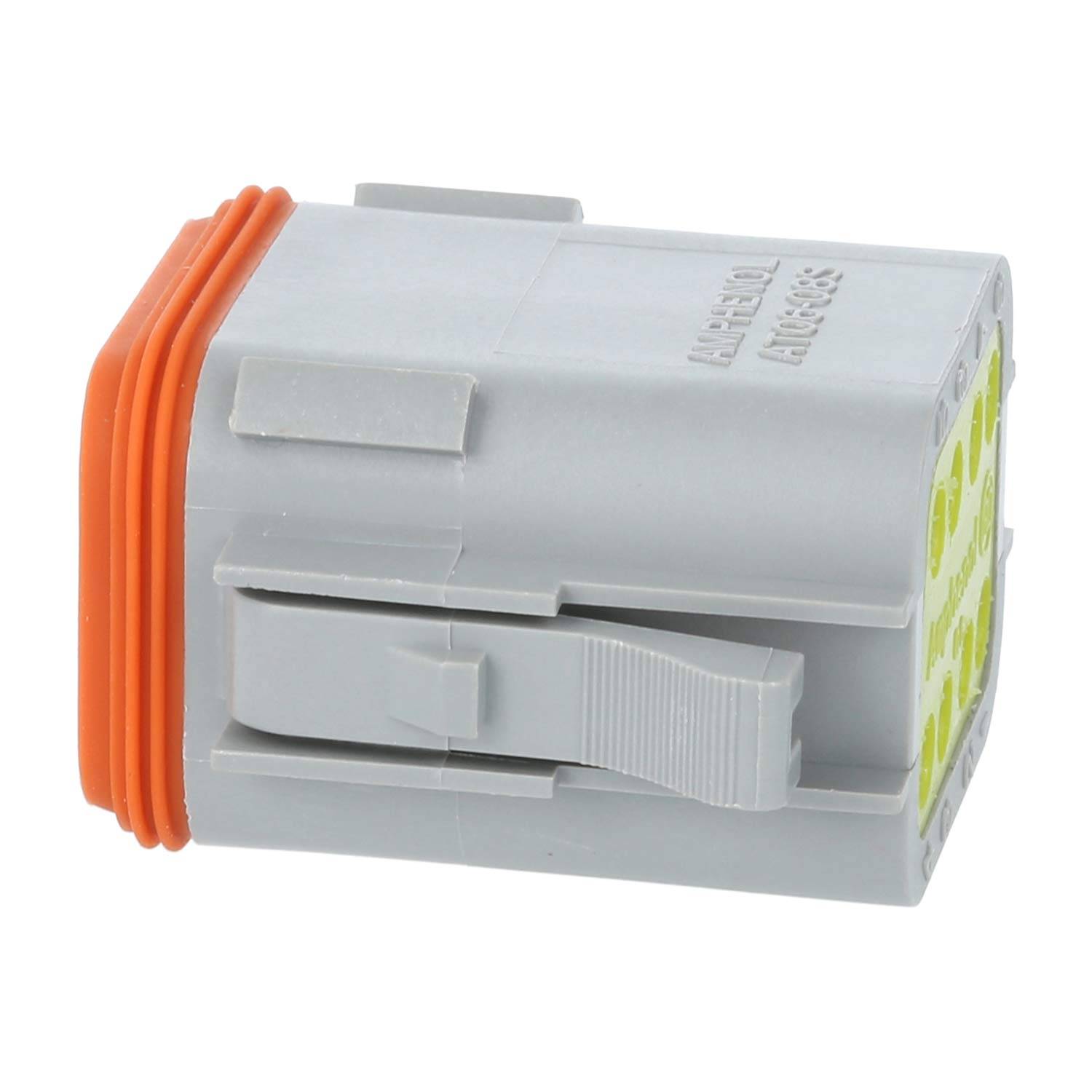 Ein grauer rechteckiger Verbinder mit orange und gelben Elementen. Er verfügt über einen seitlichen Verriegelungsmechanismus zum Sichern von Verbindungen und wird in elektrischen Systemen eingesetzt.