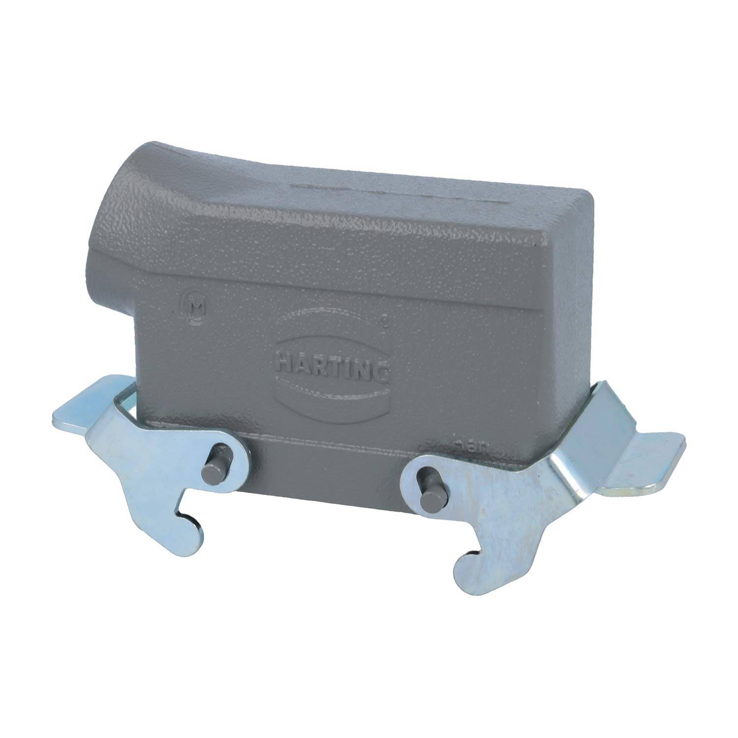 Rechteckiger grauer Anschlussgehäuse-Schutzdeckel mit Metallklammern am Boden, mit eingepresstem 'HARTING'-Logo an der Seite.