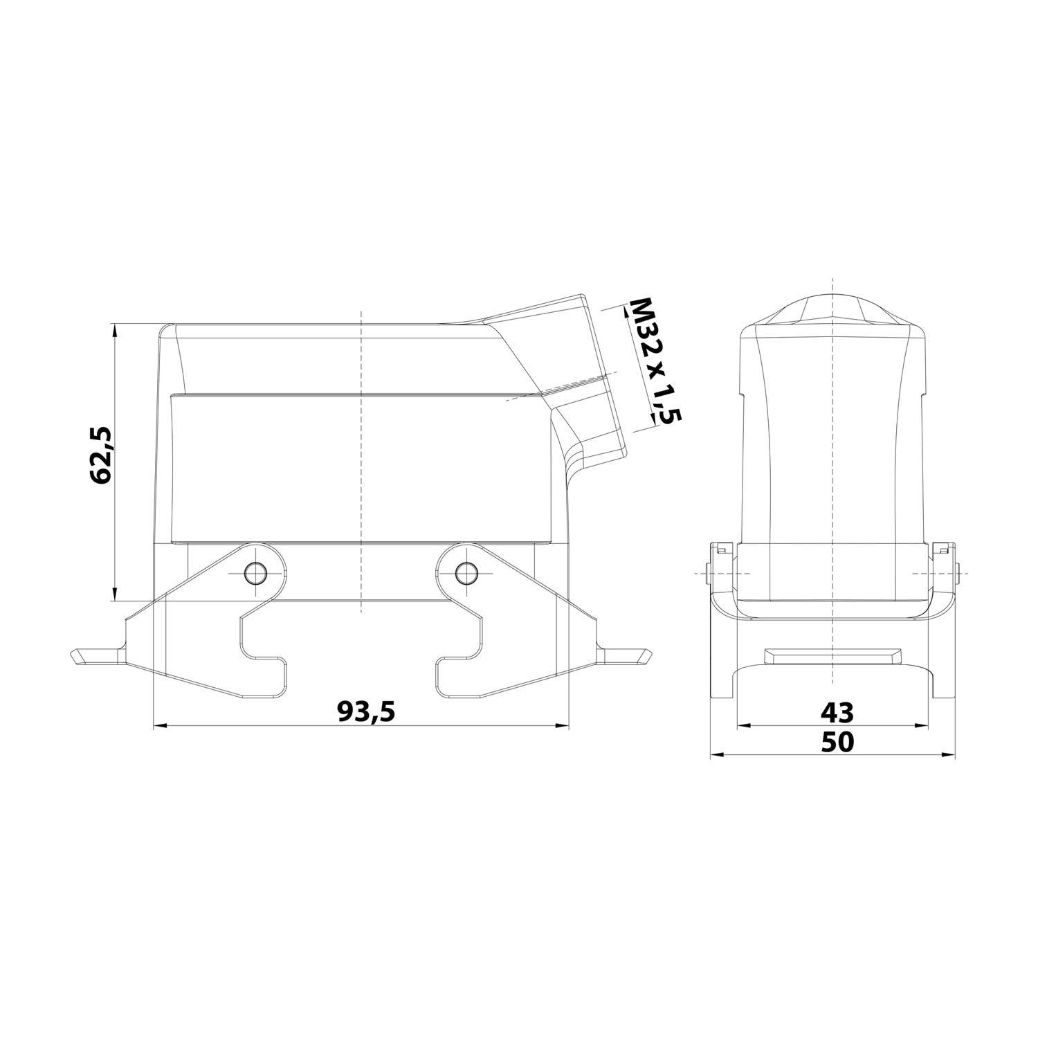 Technische Zeichnung eines zylindrischen Geräts mit M32x1,5 Gewinde, Abmessungen: 93,5 mm Länge, 62,5 mm Höhe, 43 mm Breite, 50 mm Basis.