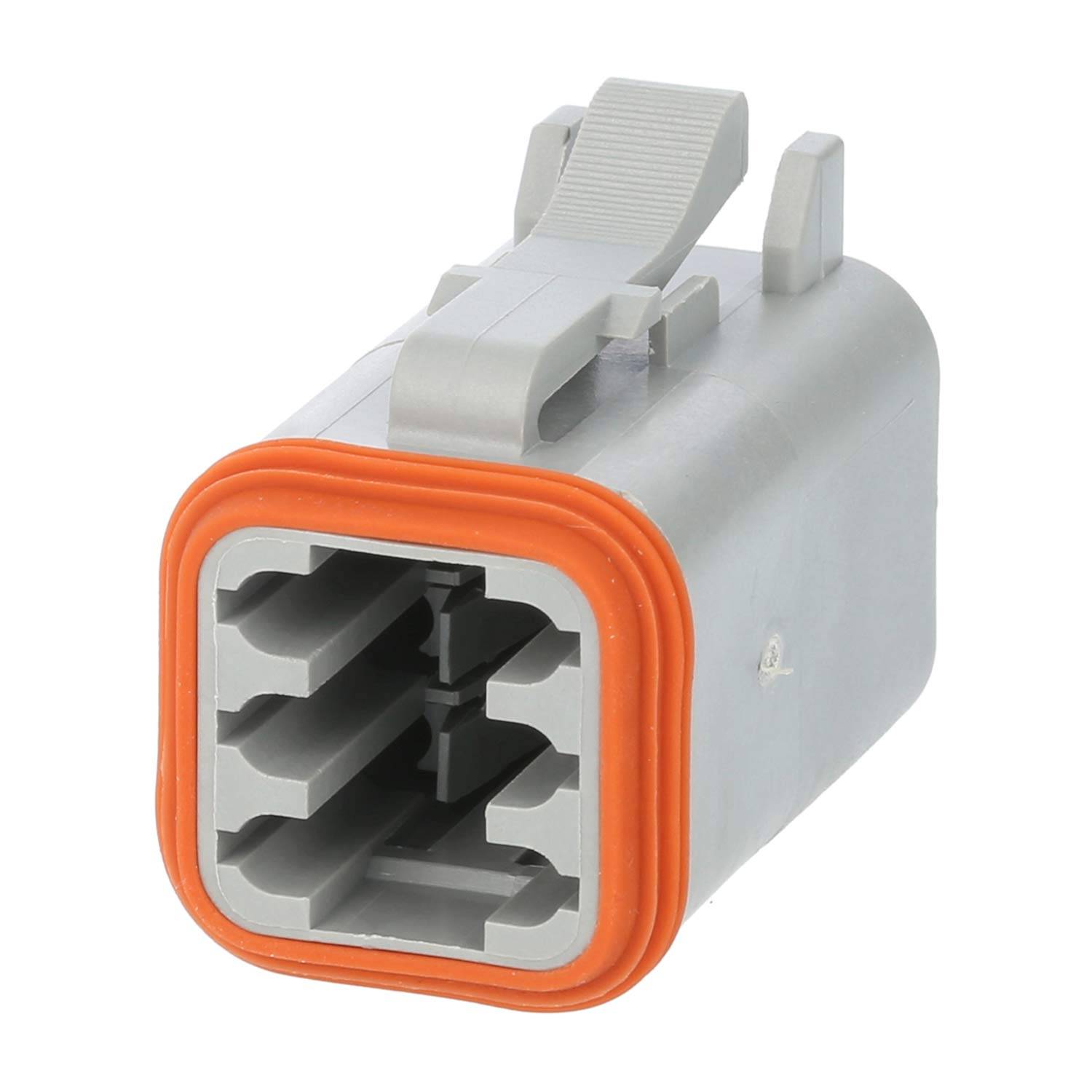 Ein grau-orangefarbener rechteckiger Elektroverbinder mit mehreren Anschlüssen, konzipiert für Verkabelungs- oder elektronische Anwendungen.