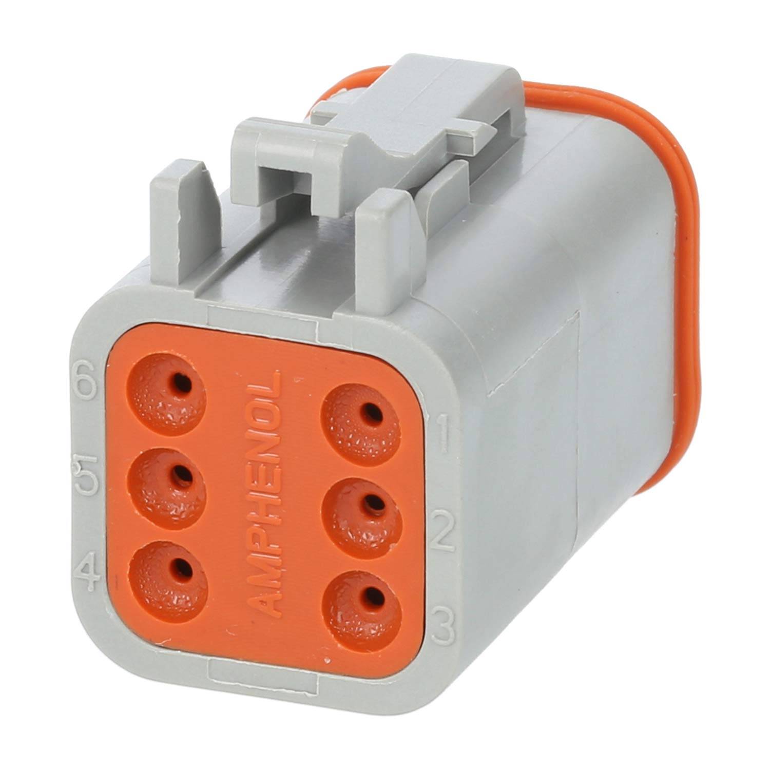 Sechspoliger Steckverbinder von Amphenol mit nummerierten, orangefarbenen Kontakten für elektrische Verbindungen, mit grauem Außengehäuse, von vorne betrachtet.
