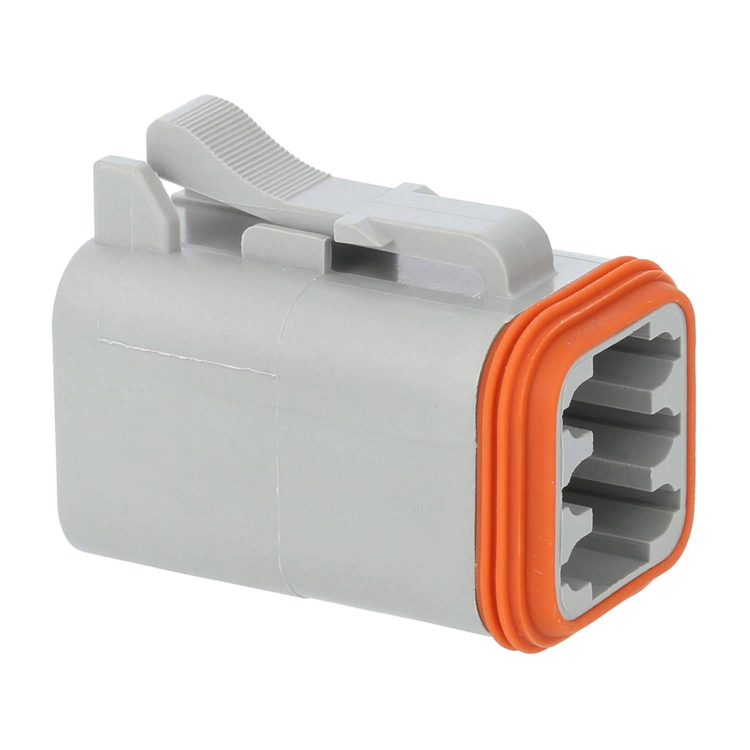 Ein grauer elektrischer Verbinder mit einer orangefarbenen Dichtung, ausgestattet mit vier Schlitzen für Drahtverbindungen, der zur Sicherung elektrischer Schaltkreise verwendet wird.