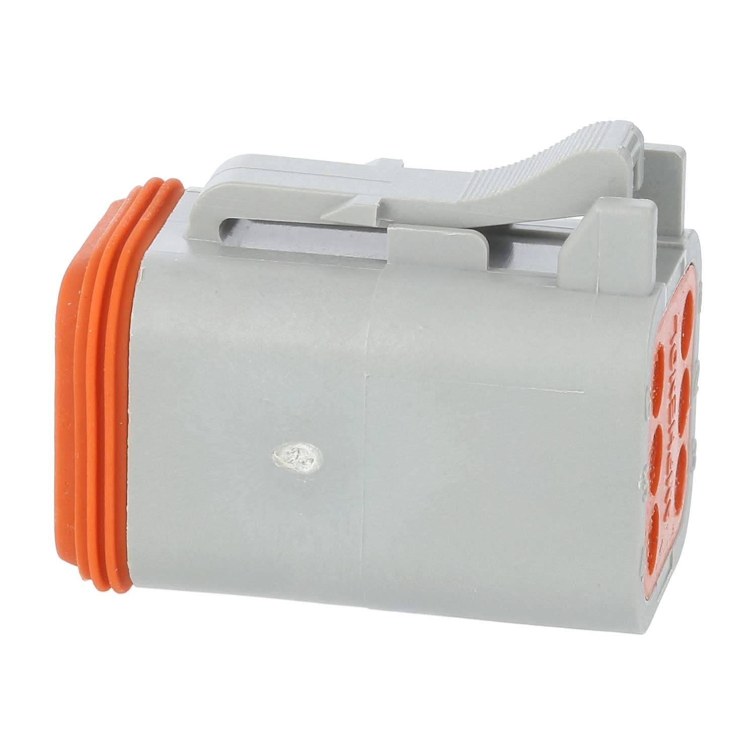 Ein grauer und orangefarbener industrieller elektrischer Anschluss mit mehreren Anschlüssen, entwickelt für sichere Verdrahtungsverbindungen in Maschinen oder elektronischen Geräten.