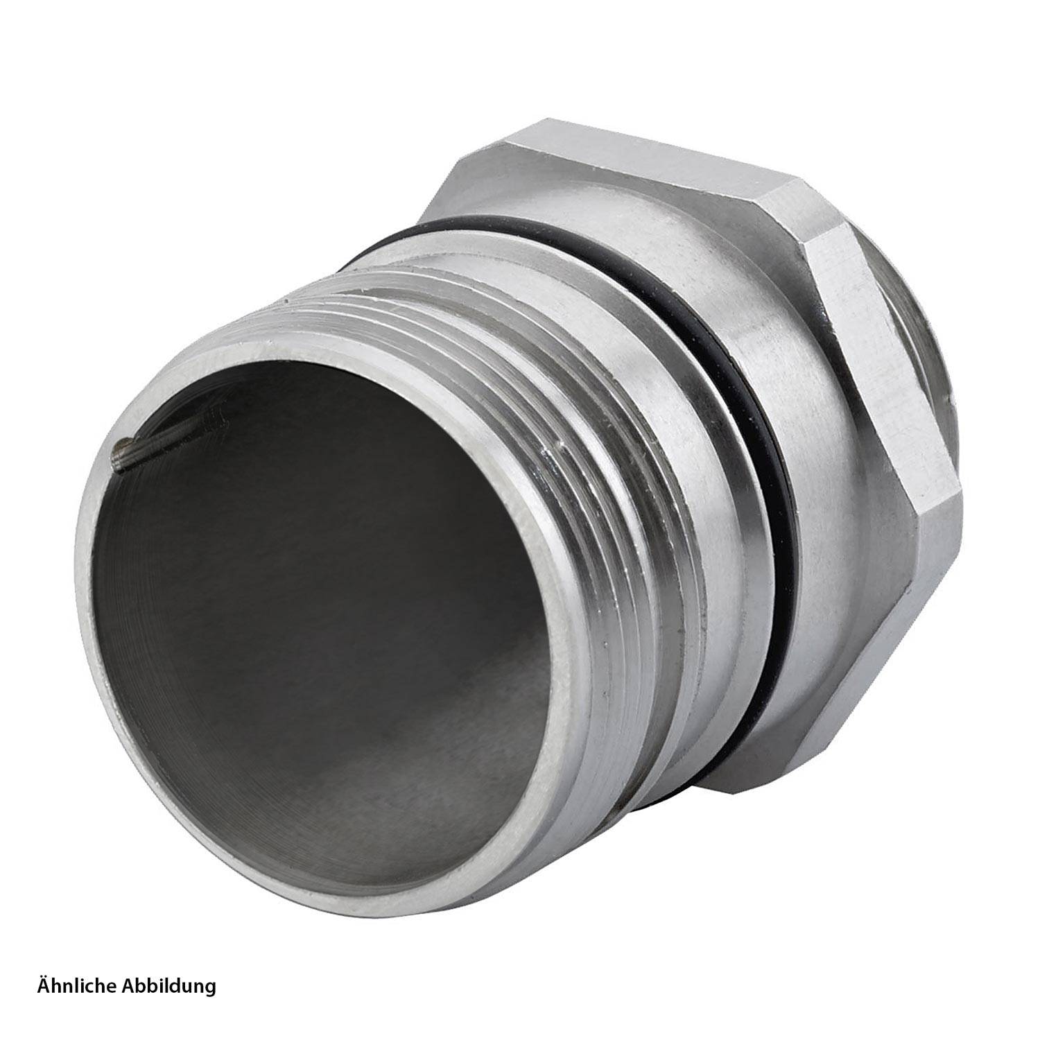 Metallzylinder mit gewindeversehener Endung und sechseckiger Mutter, möglicherweise eine Sanitär- oder Industriearmatur, auf weißem Hintergrund dargestellt.