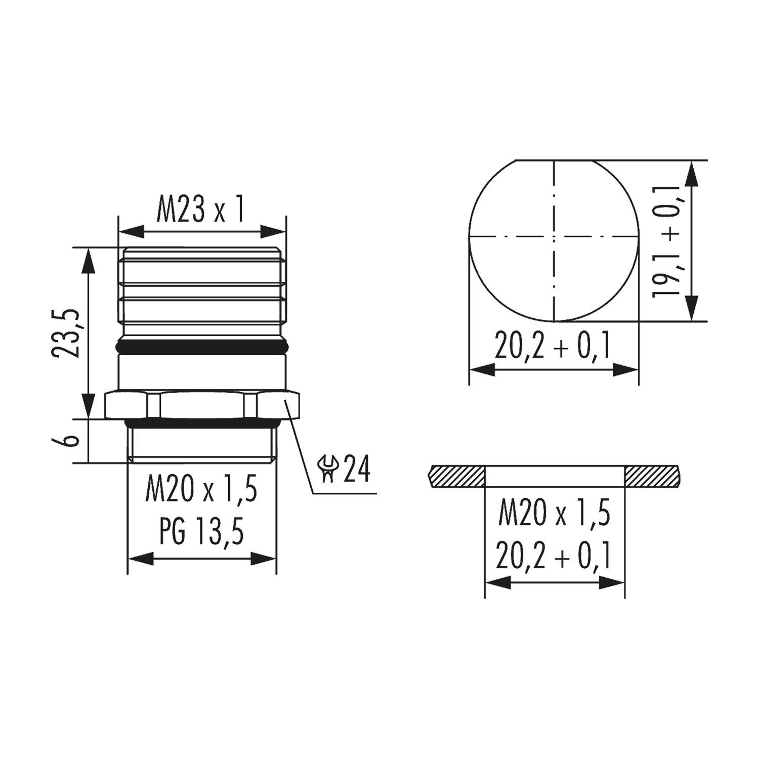 Technische Zeichnung zur Darstellung der Abmessungen einer zylindrischen Komponente: Durchmesser 20,2 mm, Höhe 23,5 mm, Gewinde M23 x 1, und Basis M20 x 1,5.