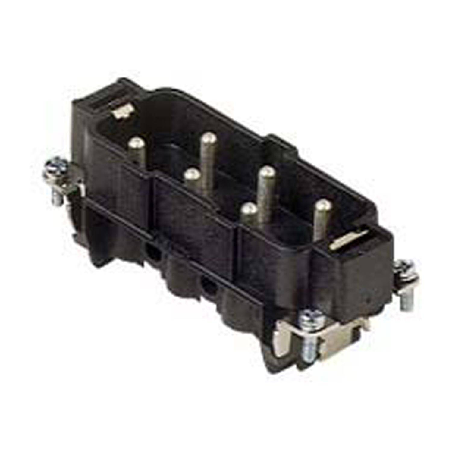 Ein schwarzer elektrischer Stecker mit sechs Metallstiften und Schrauben an den Ecken, der für sichere Kabelverbindungen verwendet wird.