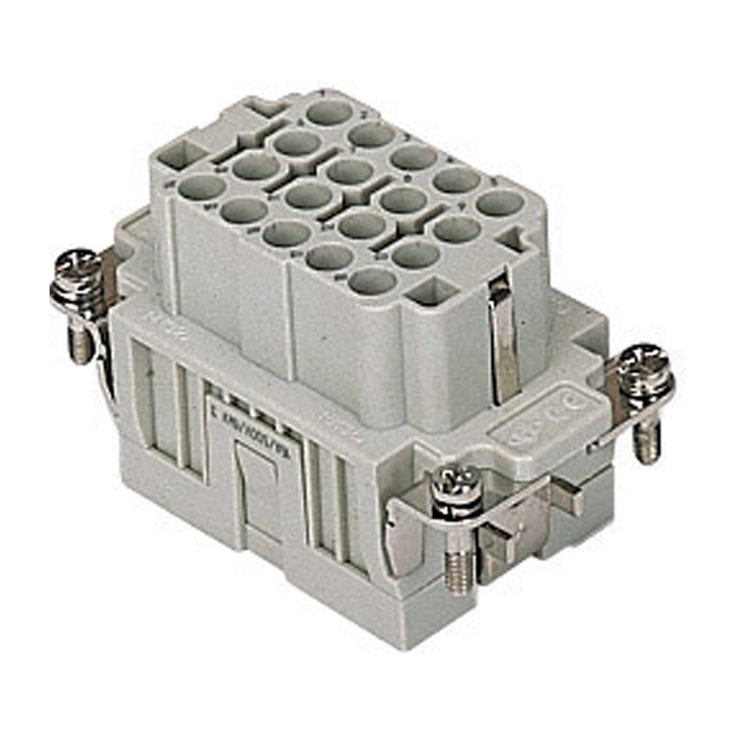 Ein grauer elektrischer Verbinder mit mehreren kreisförmigen Anschlüssen und Metallarmaturen an beiden Seiten, verwendet für industrielle Verkabelungsanwendungen.