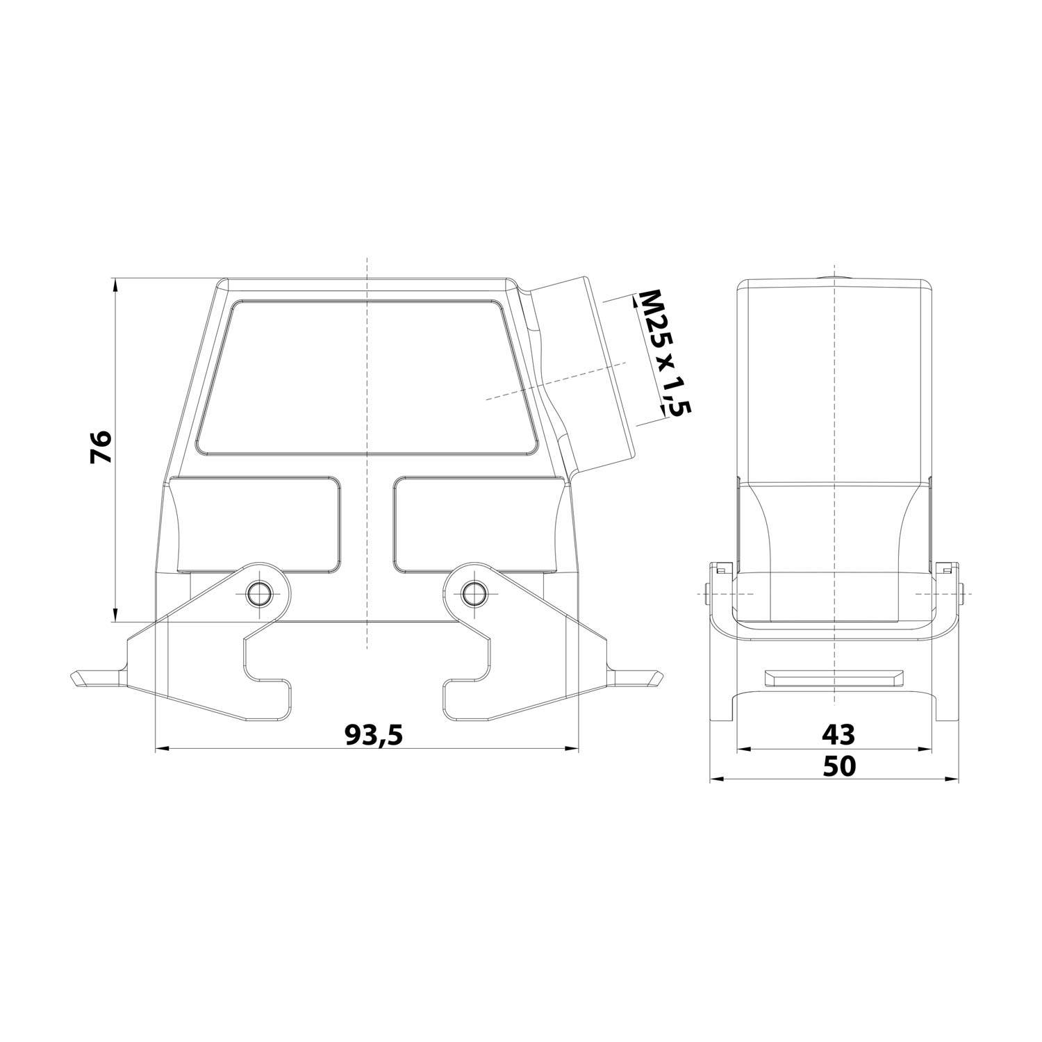 Technische Zeichnung eines mechanischen Bauteils mit Maßangaben: Höhe 76, Breite 93,5 und zwei Abschnitte mit 43 und 50. Enthält M25x1,5-Detail.