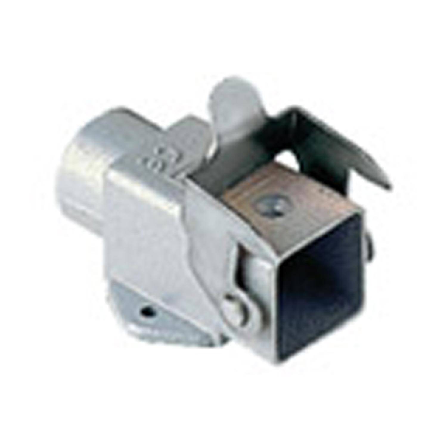 Ein Metall-Leitungsverbinder zur Befestigung von elektrischen Leitungsrohren mit einer quadratischen Öffnung und einer Grundplatte mit Schraubenloch.