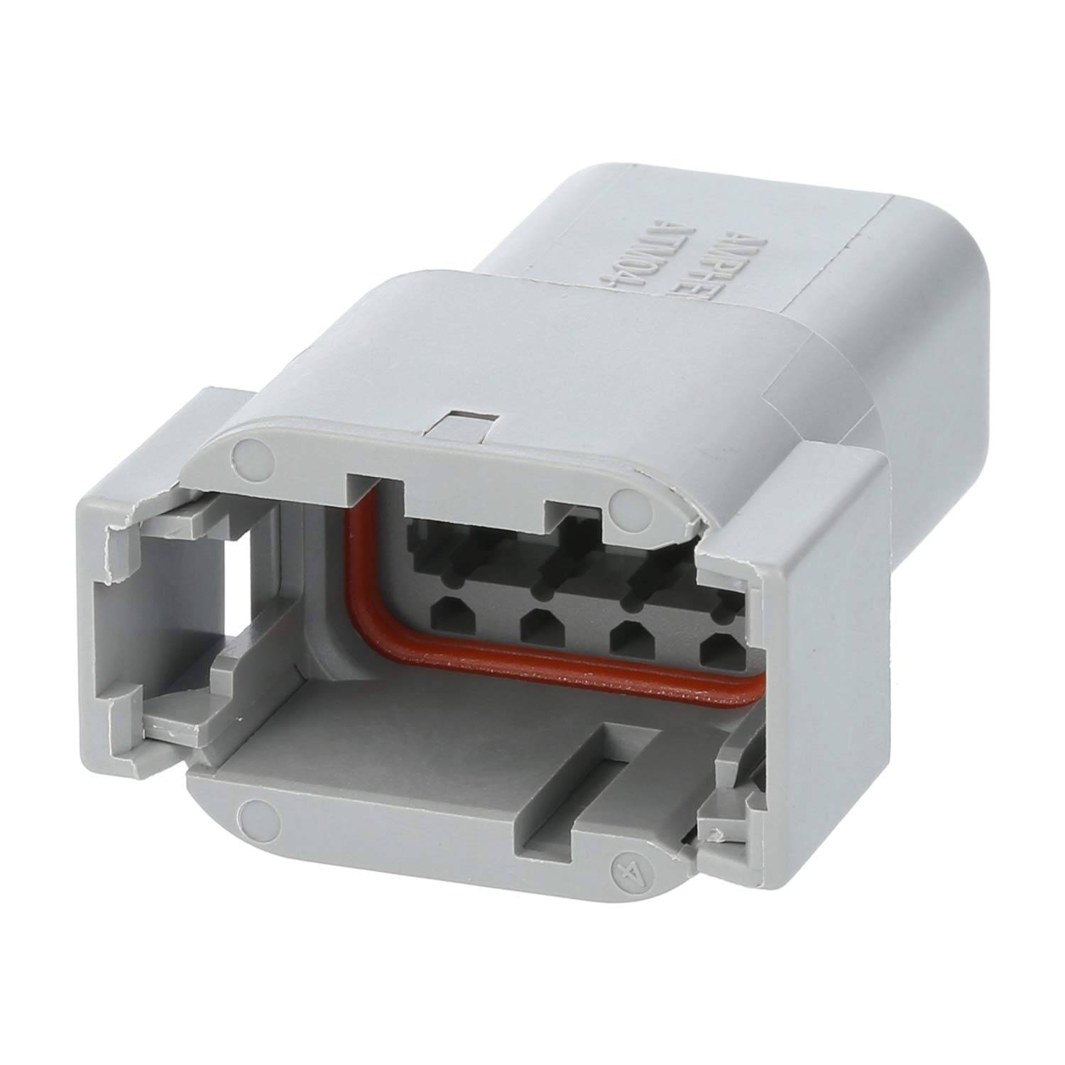 Ein grauer elektrischer Steckverbinder mit rechteckiger Form und einem orangen Dichtungsring, entwickelt für sichere Kabelverbindungen in elektronischen Geräten.