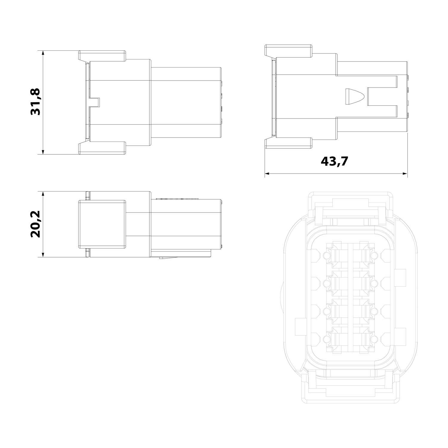 Technische Zeichnung eines rechteckigen elektrischen Anschlusses mit Abmessungen: 31,8 mm Breite, 43,7 mm Höhe und 20,2 mm Tiefe. Ansichten von oben, der Seite und von vorne dargestellt.