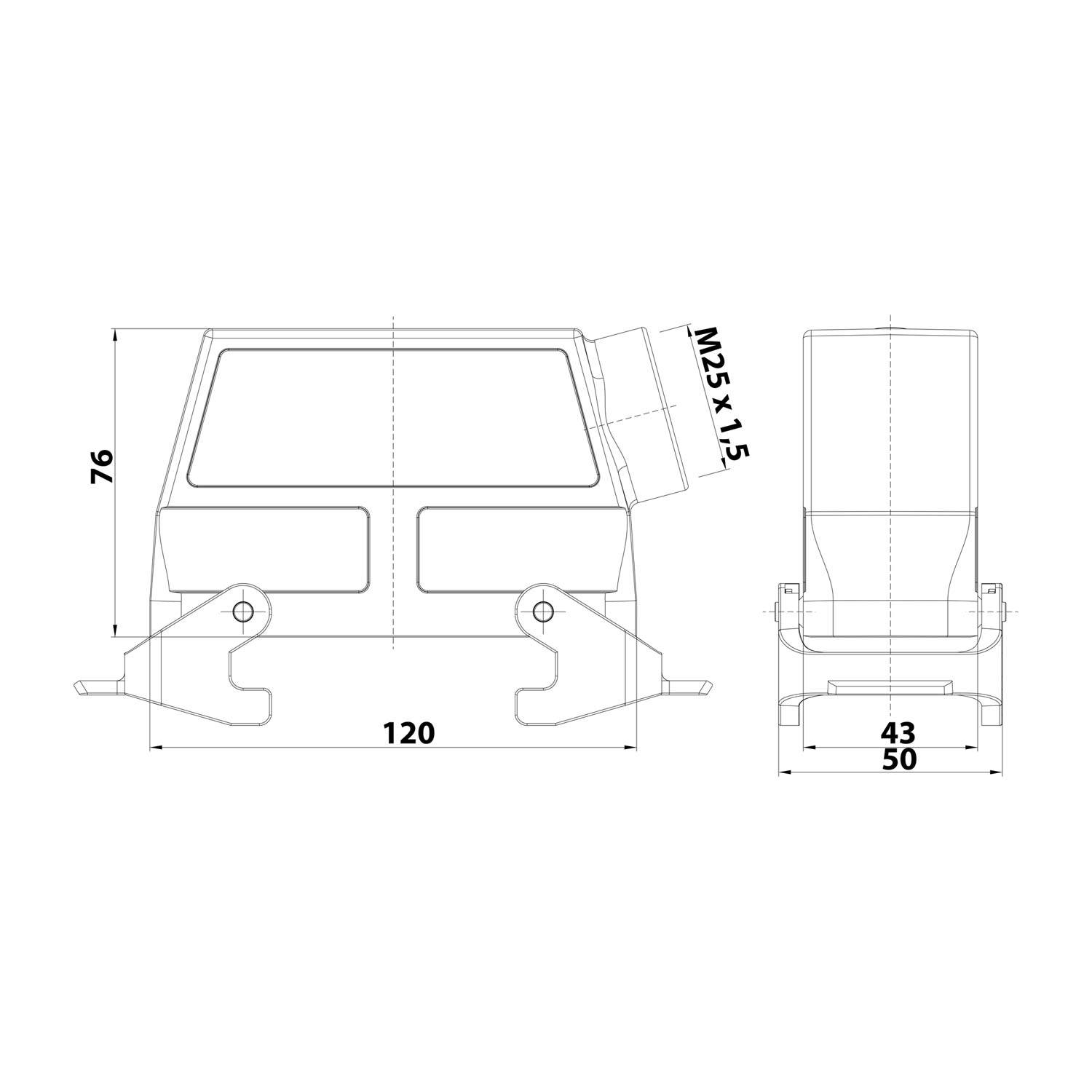 Technische Zeichnung eines mechanischen Teils mit Maßen: 120 Breite, 76 Höhe und 50 Tiefe. Enthält M25 x 1,5 Spezifikation.