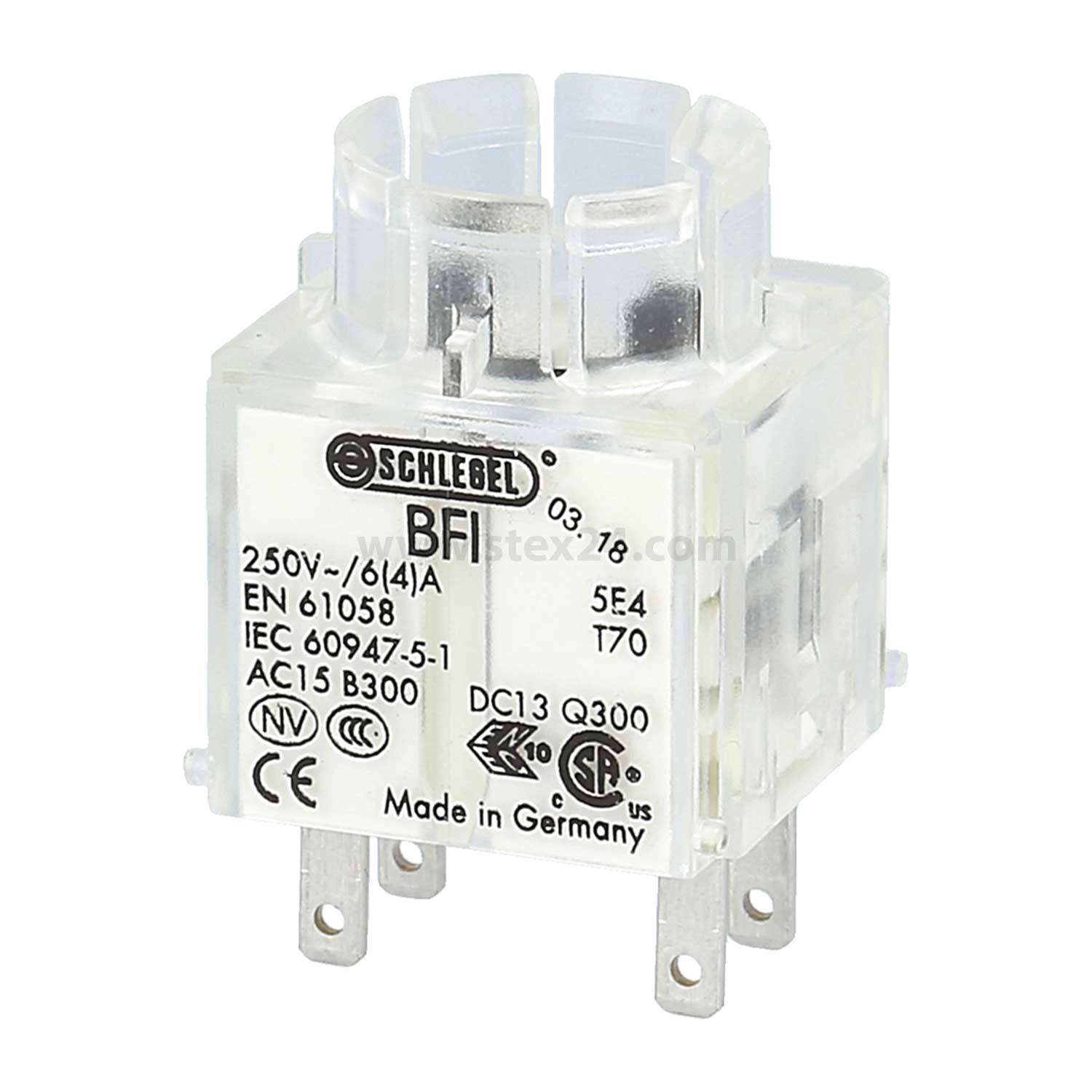 Eine transparente Relaiskomponente mit der Bezeichnung 'Schlebel BFI', mit Spezifikationen: 250V~/6(4)A, EN 61058 und 'Made in Germany'.