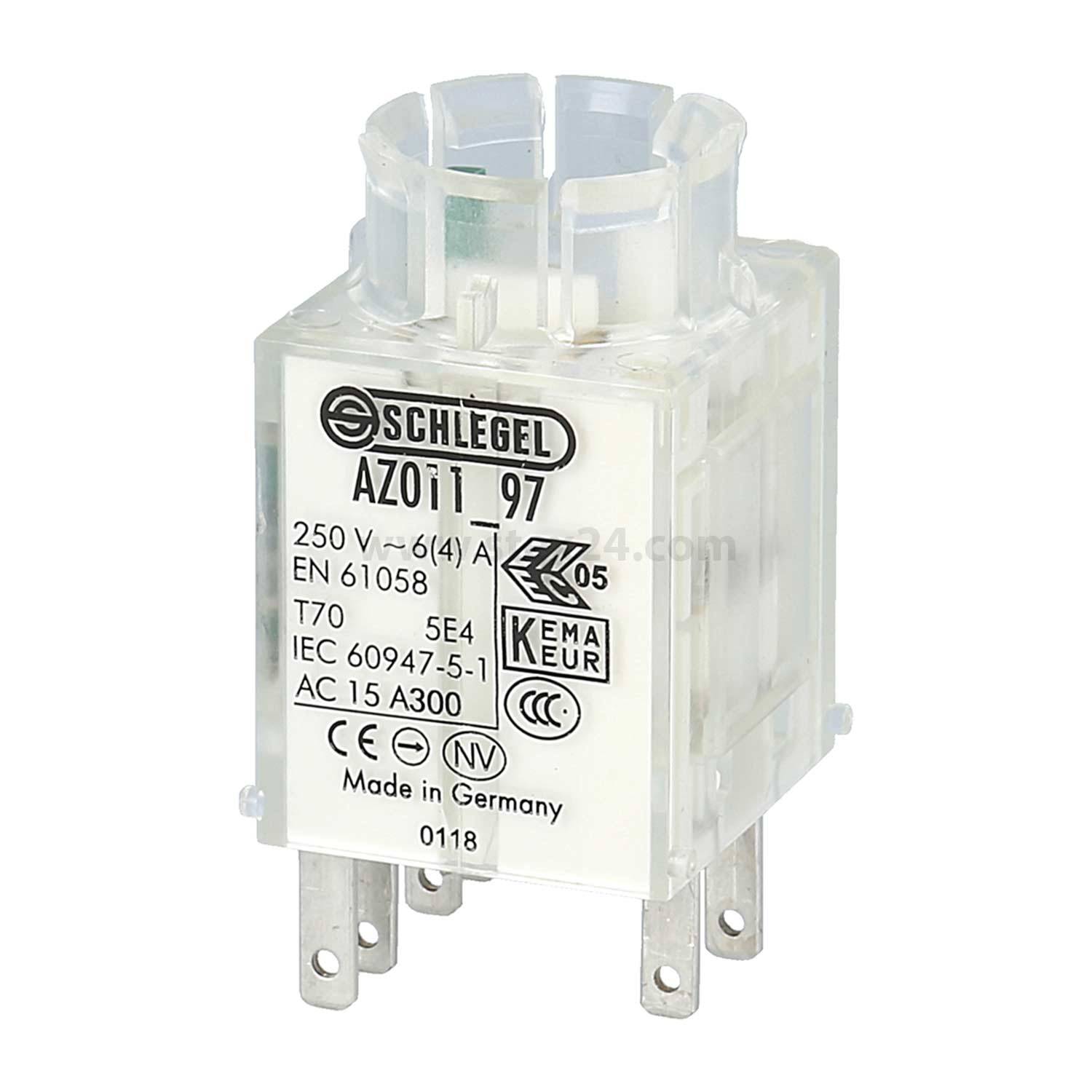 Ein transparenter elektrischer Relais mit vier Metallstiften. Das Etikett zeigt: 'Schlegel AZ01-97, 250V, EN 61058, Made in Germany.