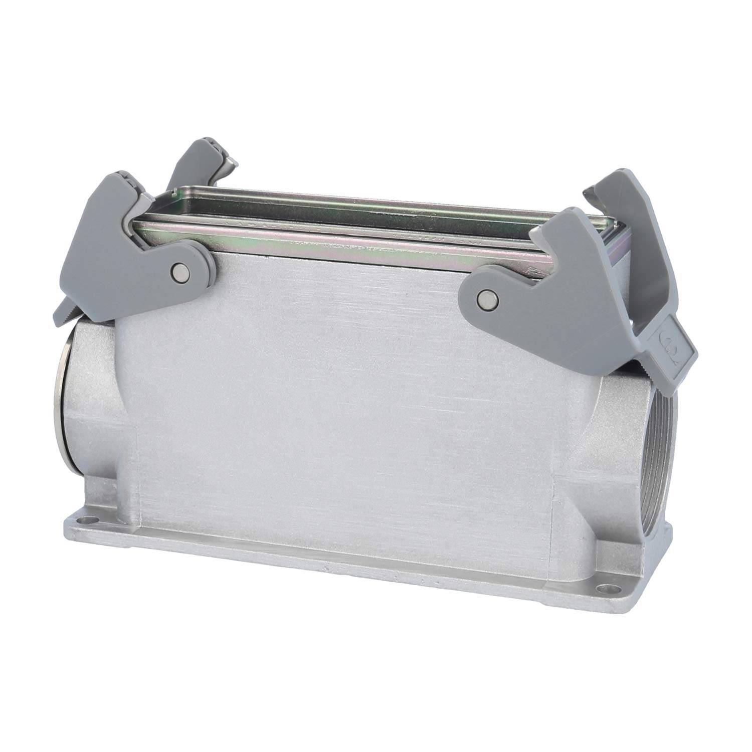 Ein industrieller Metall-Elektrogehäuseanschluss mit zwei grauen Verriegelungshebeln an beiden Seiten, verwendet zum Sichern von Verbindungen.