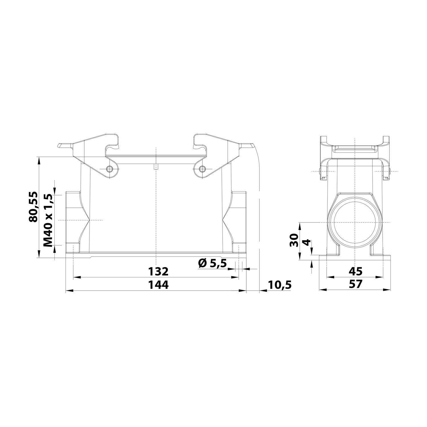 Technische Zeichnung eines mechanischen Bauteils mit Abmessungen: 80,5 mm Höhe, 144 mm Breite, 57 mm Tiefe. Merkmale umfassen kreisförmige Öffnung und Befestigungspunkte.