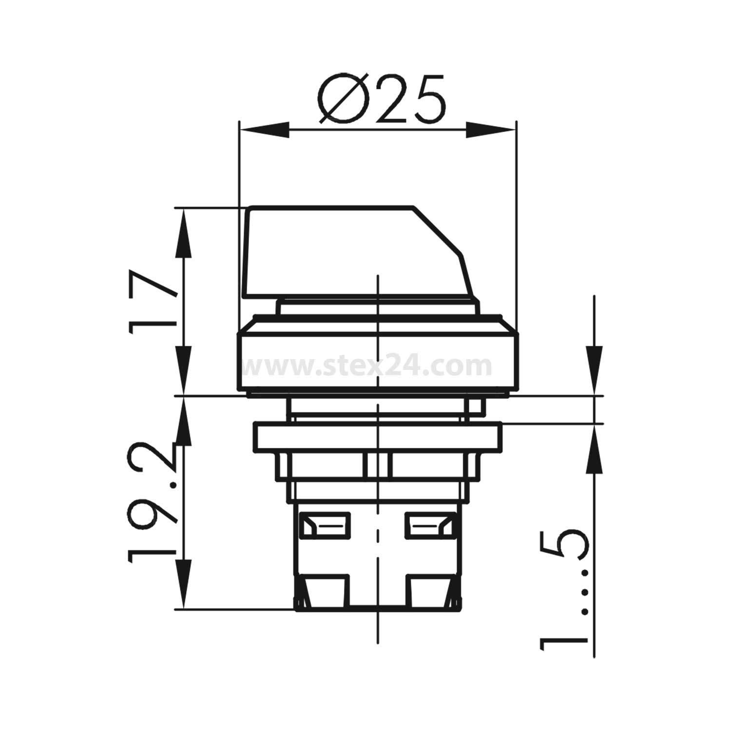 Technische Zeichnung eines Tastschalters mit folgenden Abmessungen: Durchmesser 25 mm, Höhe 17 mm, Basishöhe 19,2 mm, Spielraum 1,5 mm.