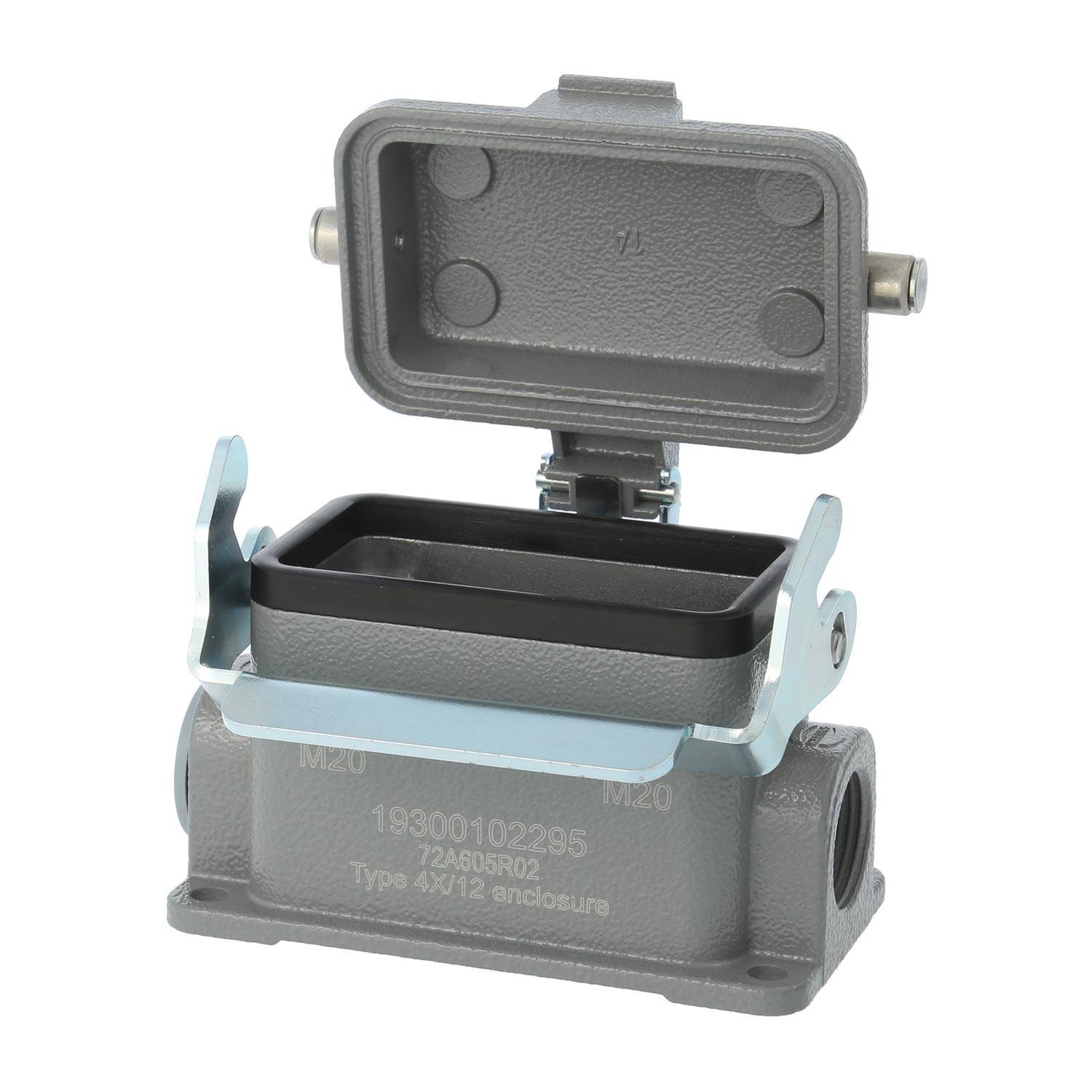 04300102268 HARTING Han 10B Sockelgehäuse niedrig, 1xM20 seitlicher Kabelabgang, mit 1 Längsbügel mit Schutzkappe