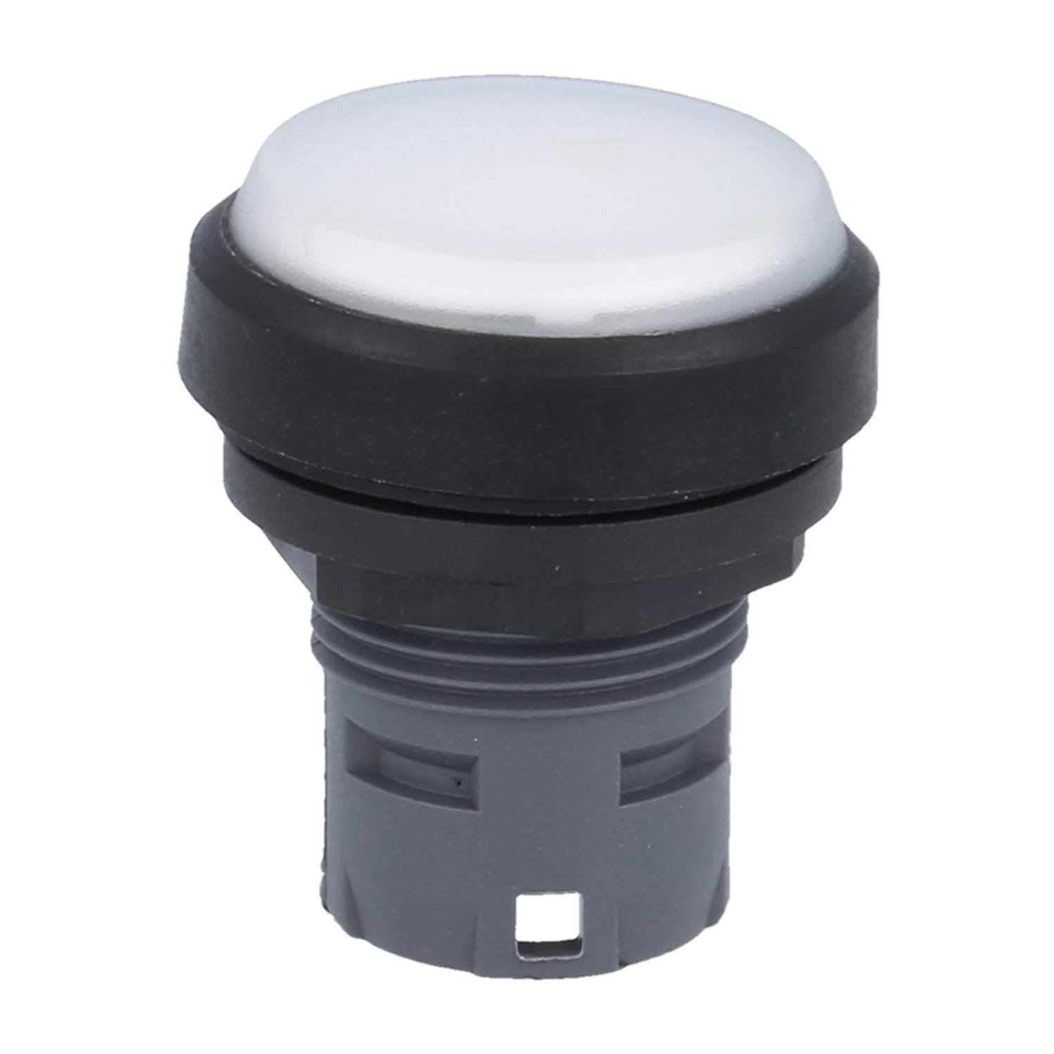 Ein runder, drückbarer Schalter mit weißer Oberfläche und schwarzem Gehäuse, der zum Aktivieren oder Steuern von elektrischen Geräten verwendet wird.