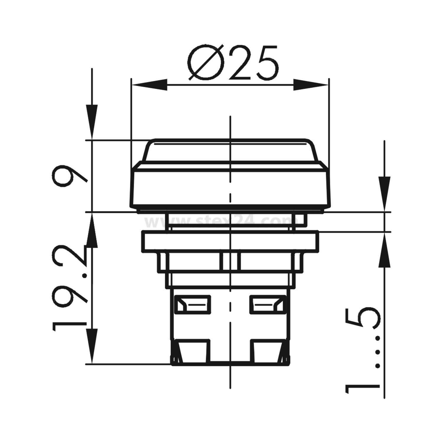 Diagramm eines kreisförmigen Knopfes mit Maßangaben: Durchmesser 25 mm, Höhenvariationen 19,2 mm und 9 mm, der Größe und Abmessungen zeigt.
